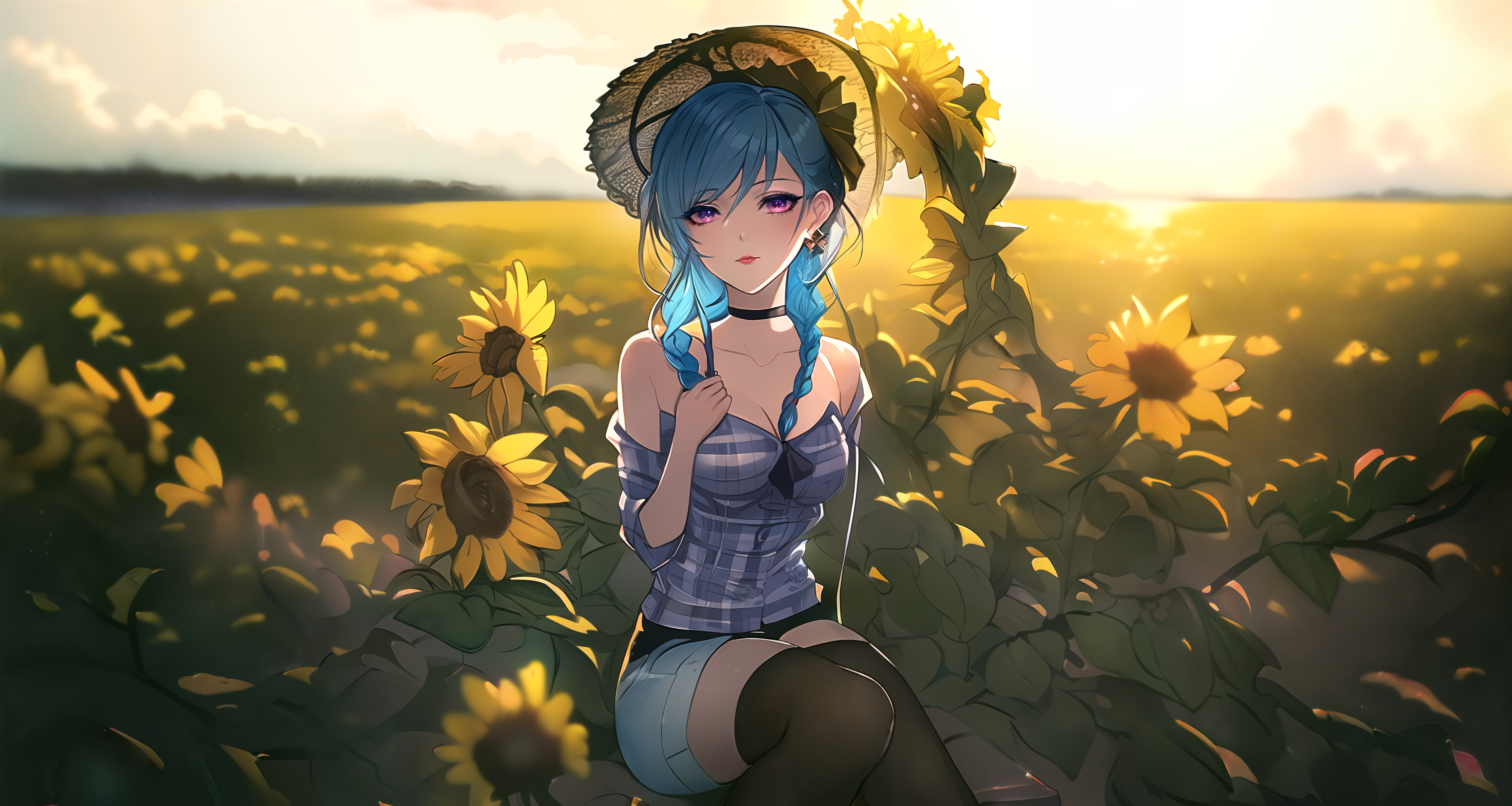 Anime Girls Anime Artwork Digital Art Mia27000 Ai Art Flowers Sunflower Blue Hair Purple Eyes Braids 7680x4096