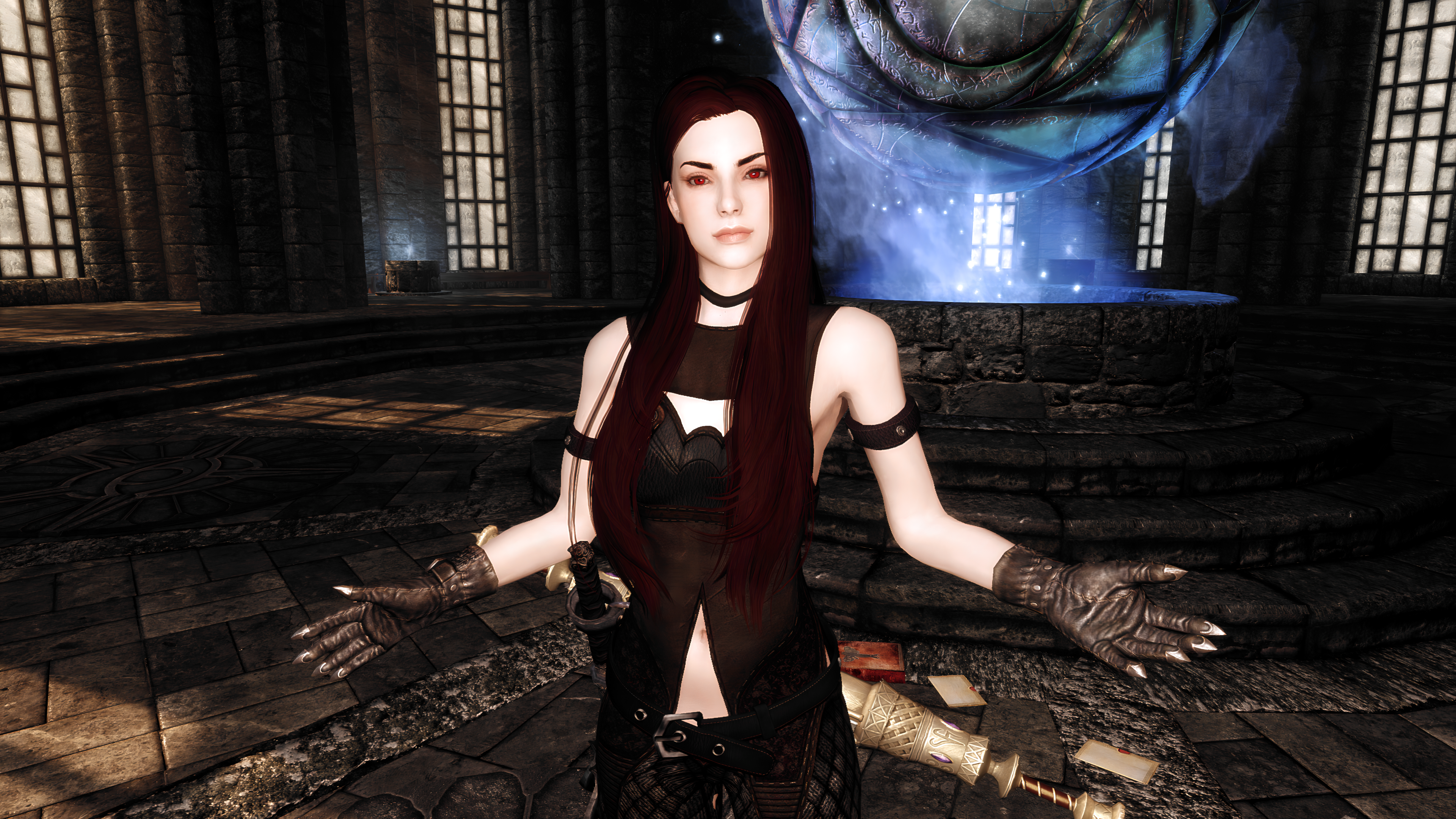 The Elder Scrolls V Skyrim Serana Magic Vampire Girl Screen Shot CGi Gloves Looking At Viewer Standi 3840x2160
