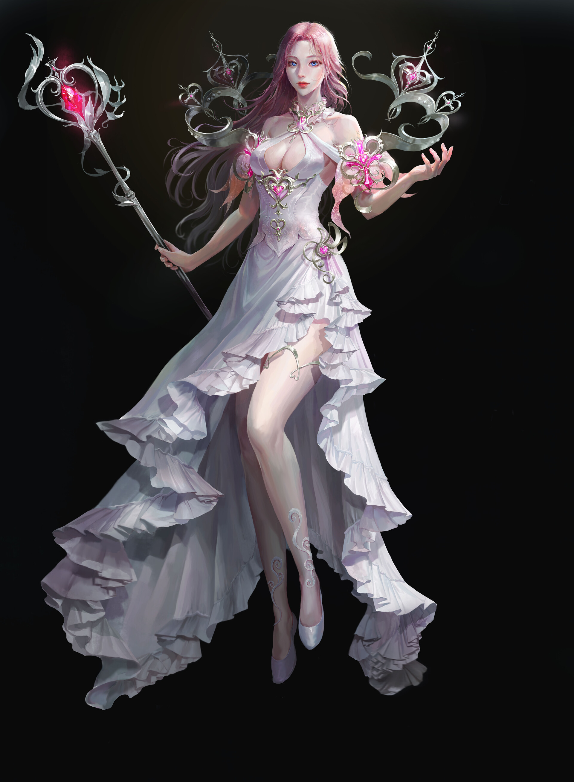 Yelli Drawing Pink Hair Long Hair Dress White Clothing Staff Simple Background Fantasy Art Fantasy G 1920x2616