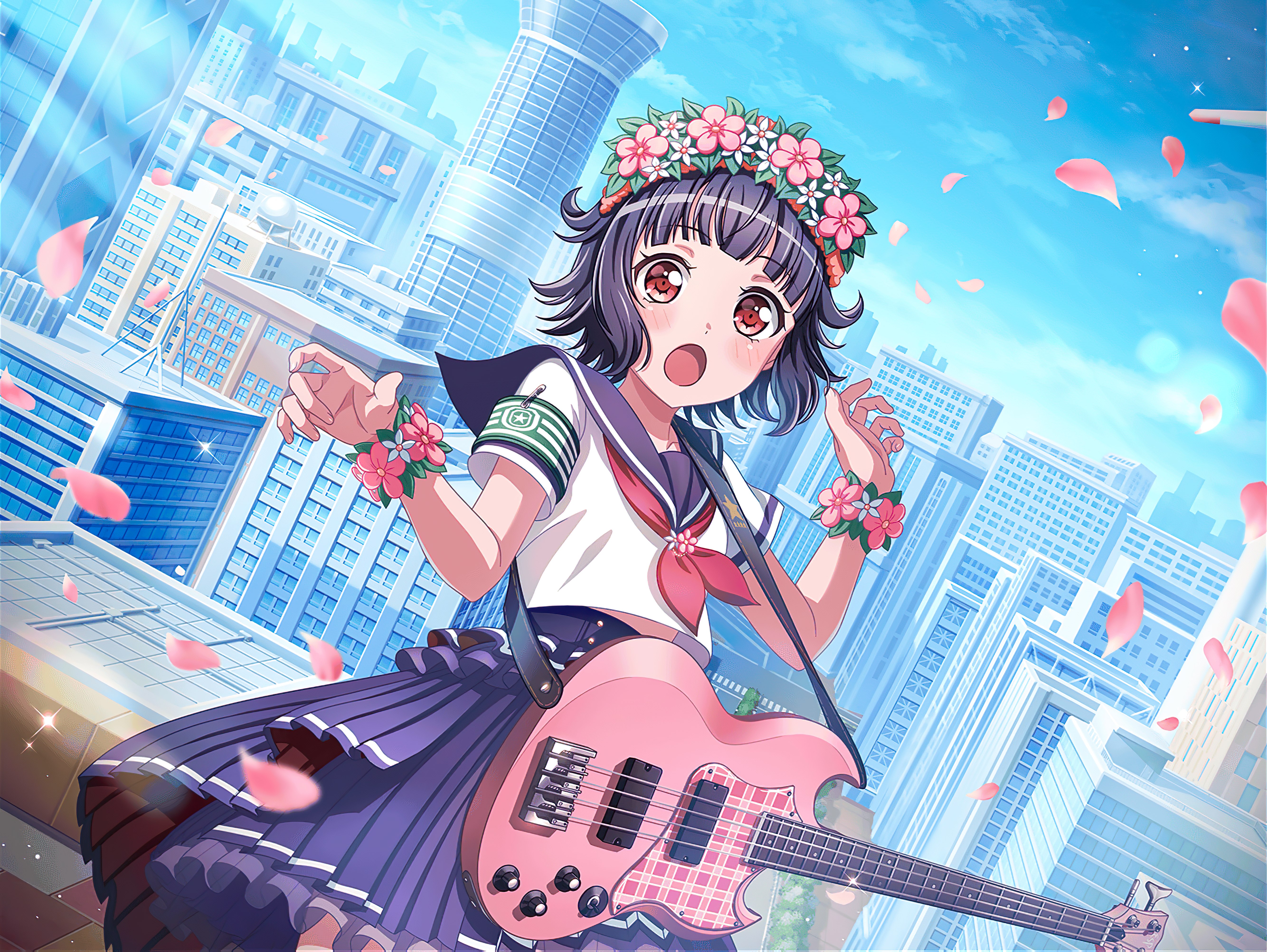 BanG Dream Anime Anime Girls Ushigome Rimi Flower Crown Blushing Flower In Hair Guitar Musical Instr 5336x4008