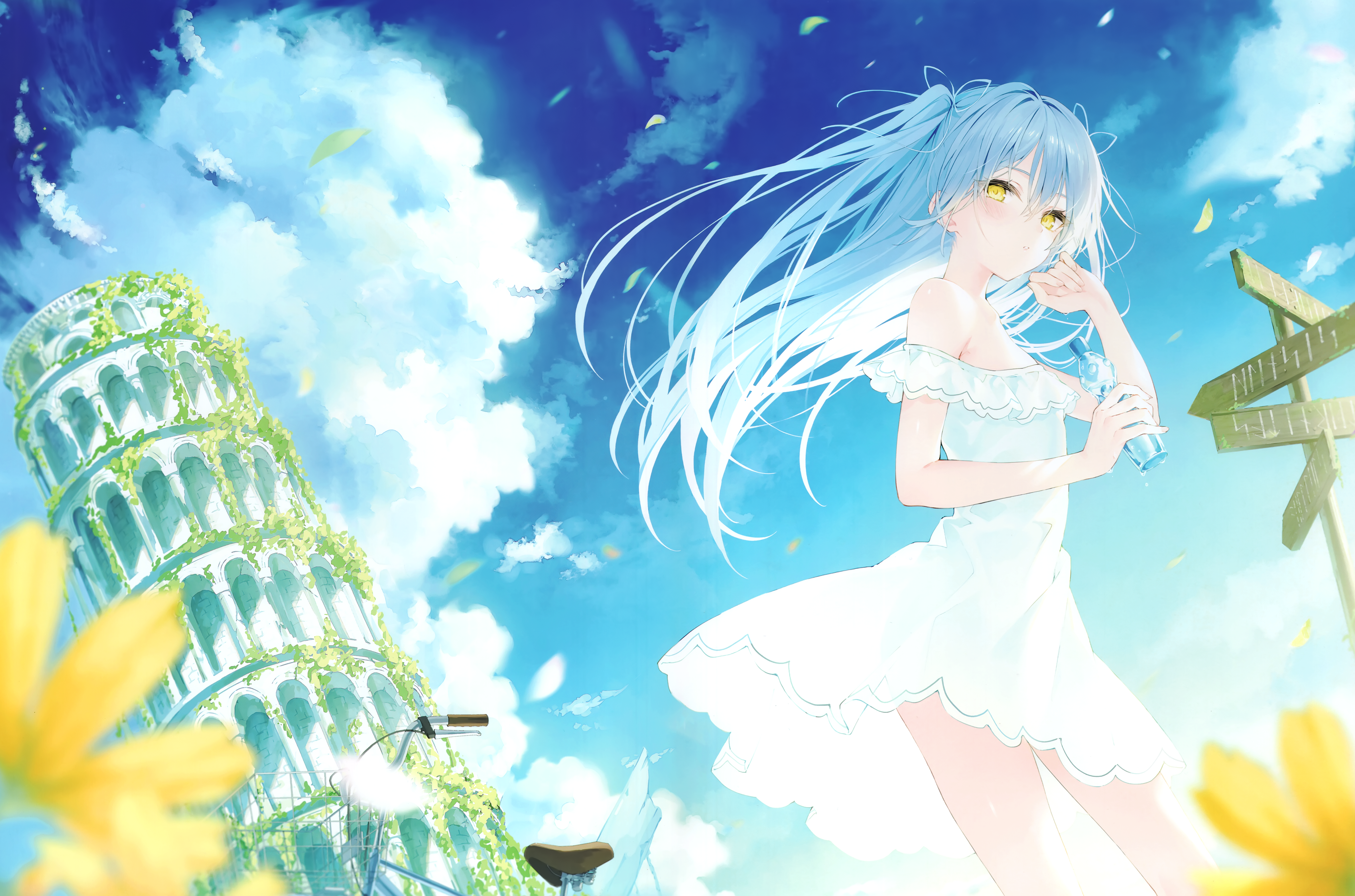Anime Rurudo Anime Girls Clouds Long Hair Blue Hair Yellow Eyes Drink Flowers Petals Sky Looking At  4753x3145