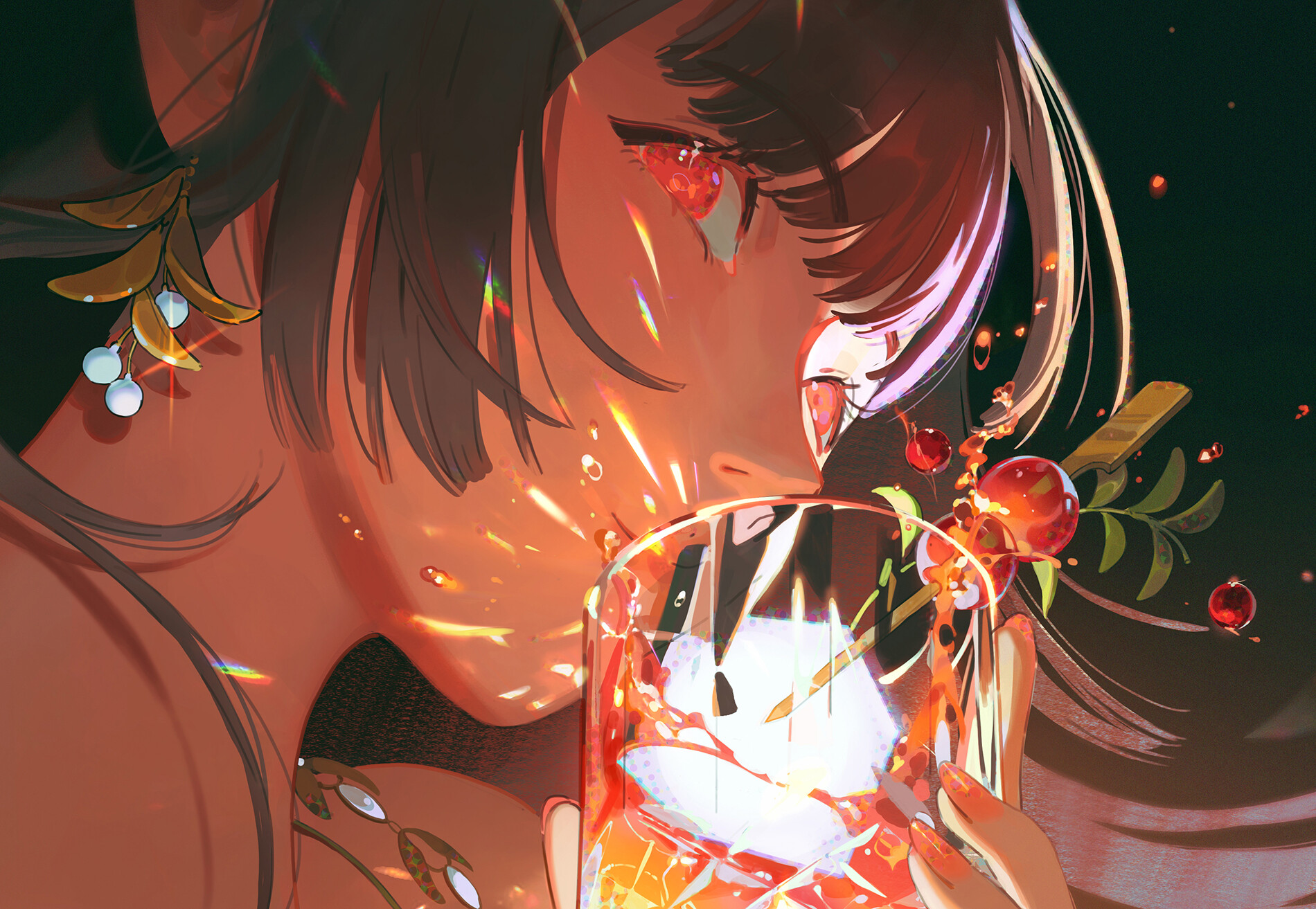 Anime Anime Girls Face Women Closeup Drinking Glass Earring Brunette Hair In Face Painted Nails Drin 1900x1313