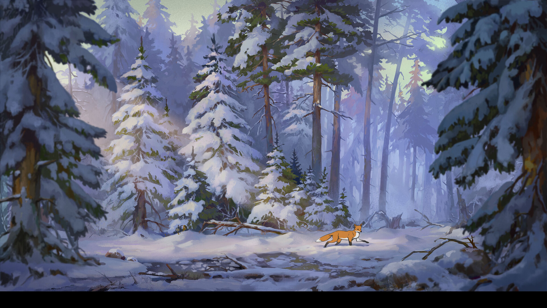 Fox Cartoon Winter ArtStation Forest Fir Snow Trees Nature Animals 1920x1081