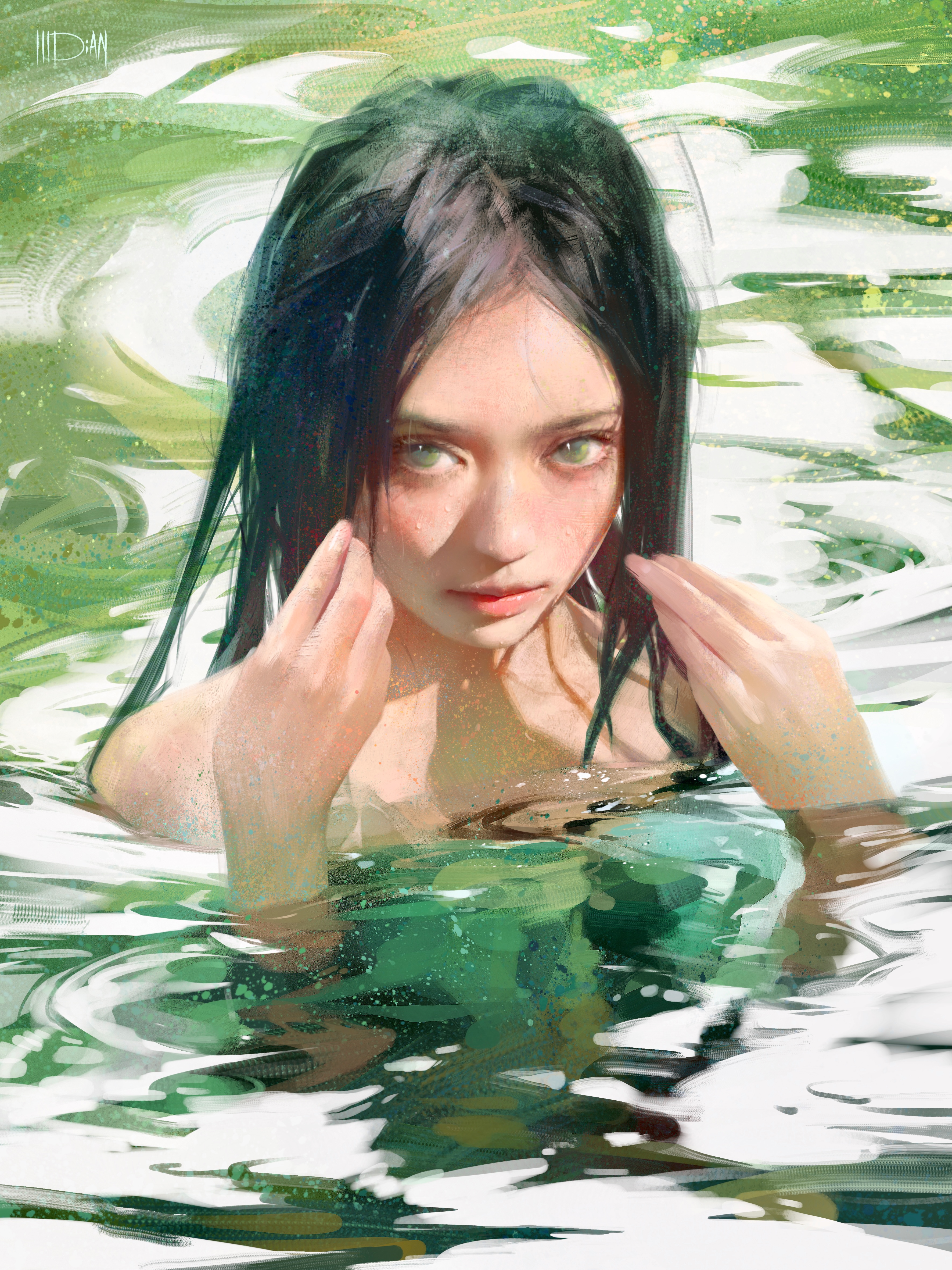 ILLDiAN Portrait Women Vertical Water Green Eyes Black Hair Wet Women Outdoors Green 3543x4724