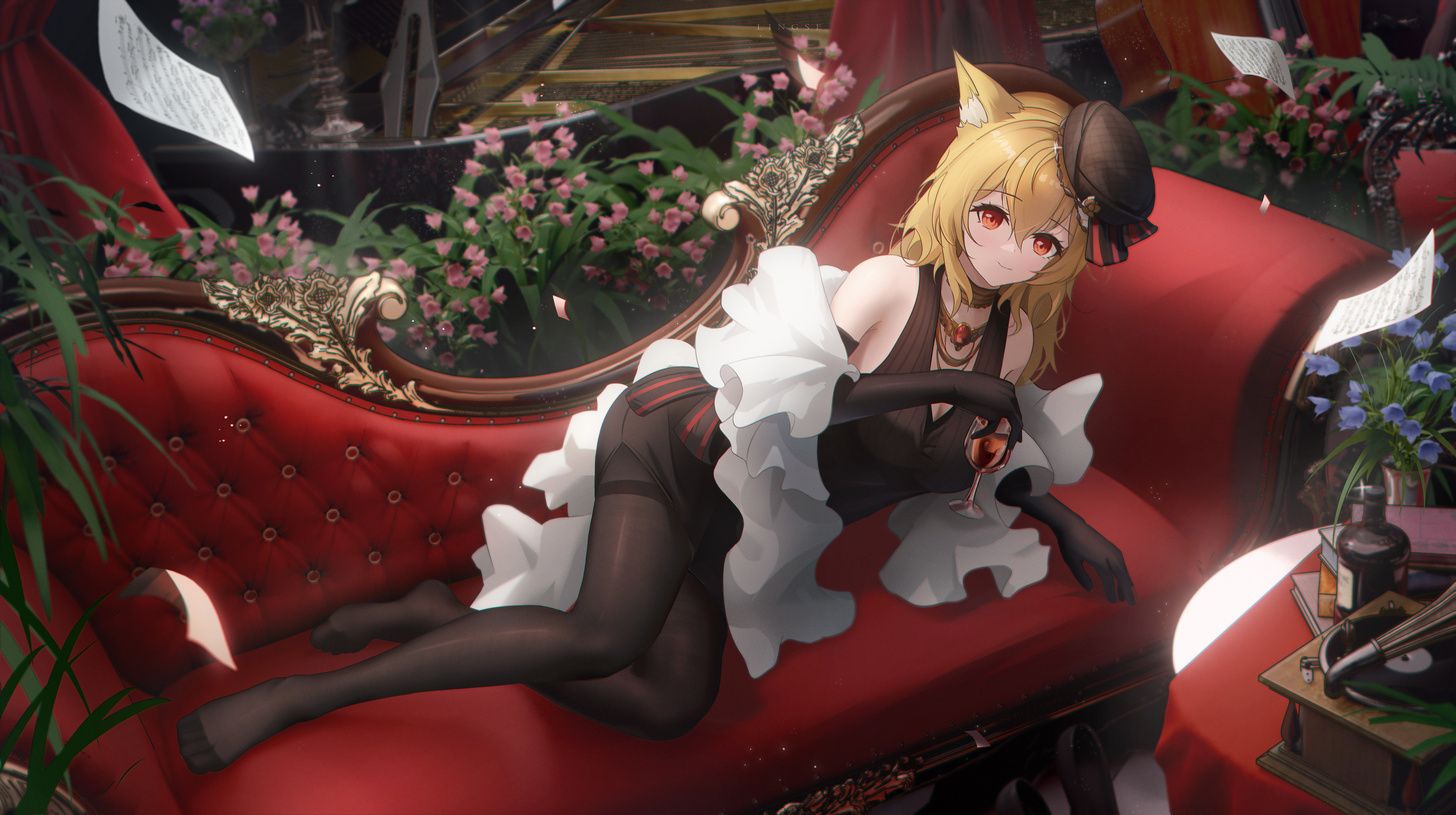 Anime Anime Girls Black Pantyhose In Sofa Arknights Sora Arknights Fox Girl Fox Ears Elbow Gloves Wi 5000x2800