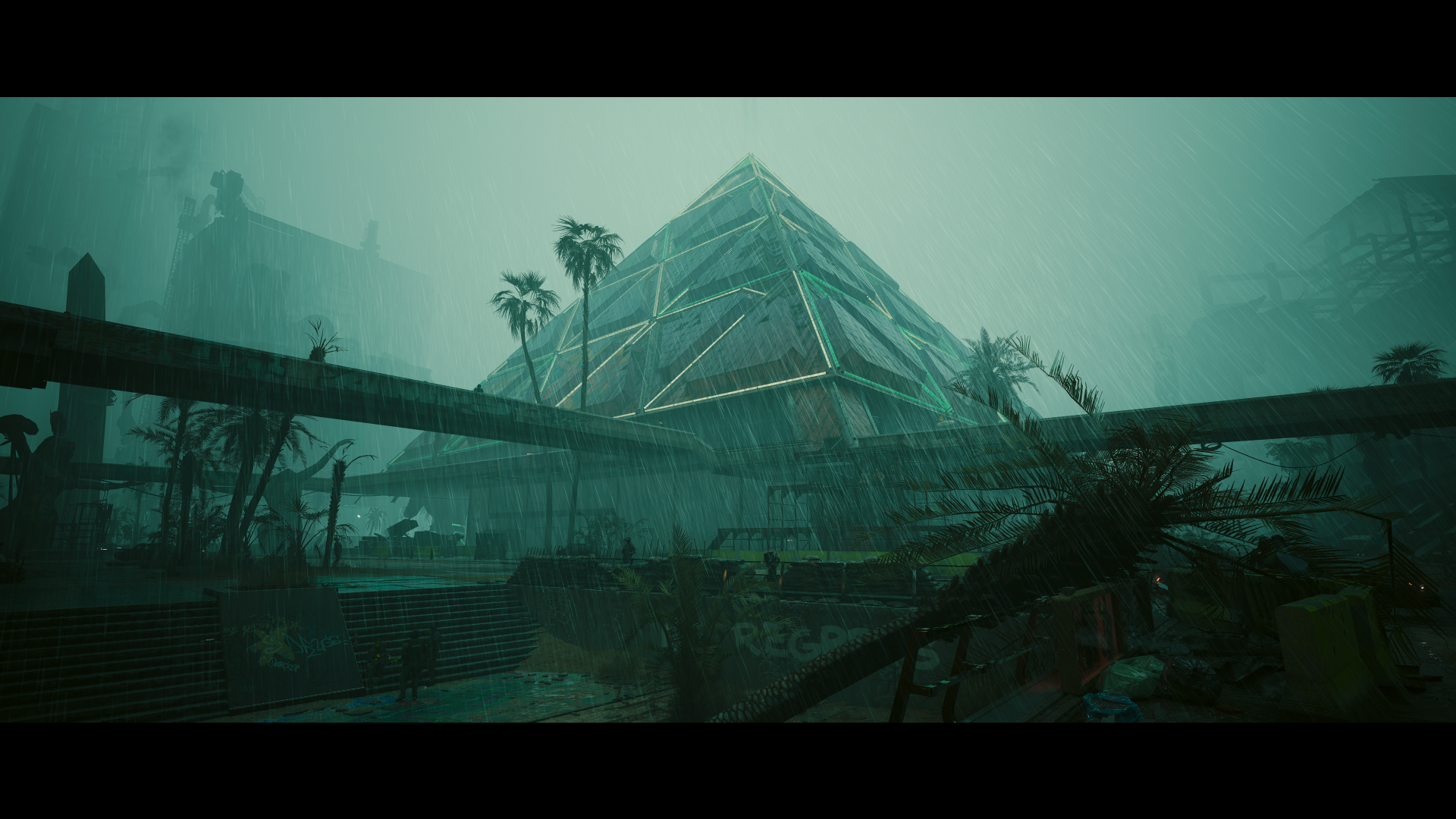 Cyberpunk 2077 Cyberpunk Pyramid Palm Trees Rain CD Projekt RED Screen Shot Stairs Phantom Liberty G 1920x1080