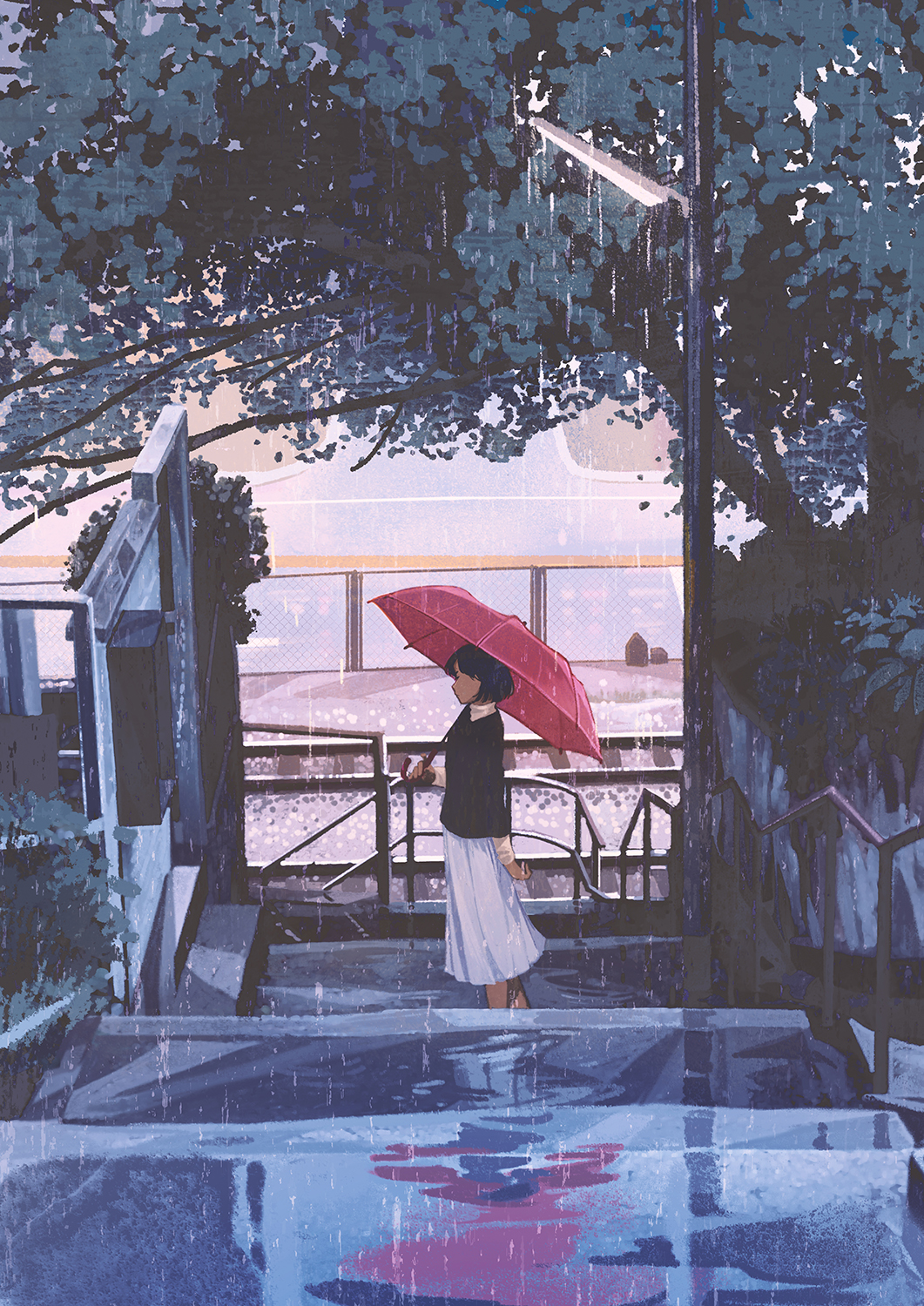 Pixiv Artwork Umbrella Anime Girls Rain Portrait Display Stairs Reflection Water 1061x1500