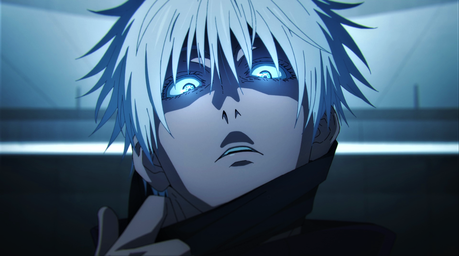 Satoru Gojo Jujutsu Kaisen Blue Eyes Glowing Eyes White Hair Frown Hands Anime Anime Screenshot Anim 1920x1072