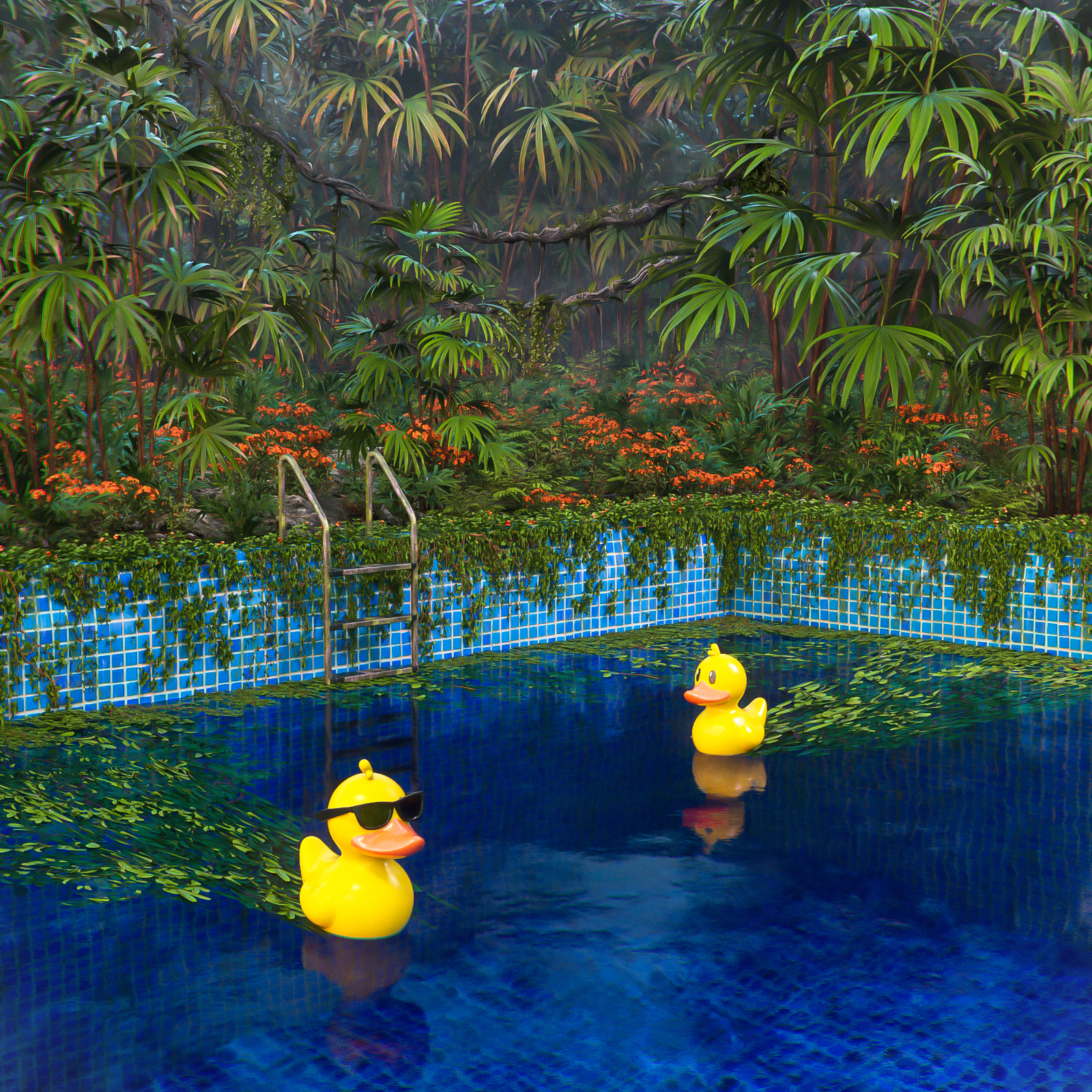 Jungle Swimming Pool Deep Forest Mist Post Apocalypse Plants Palm Trees Water Reflection Abstract 3D 1600x1600