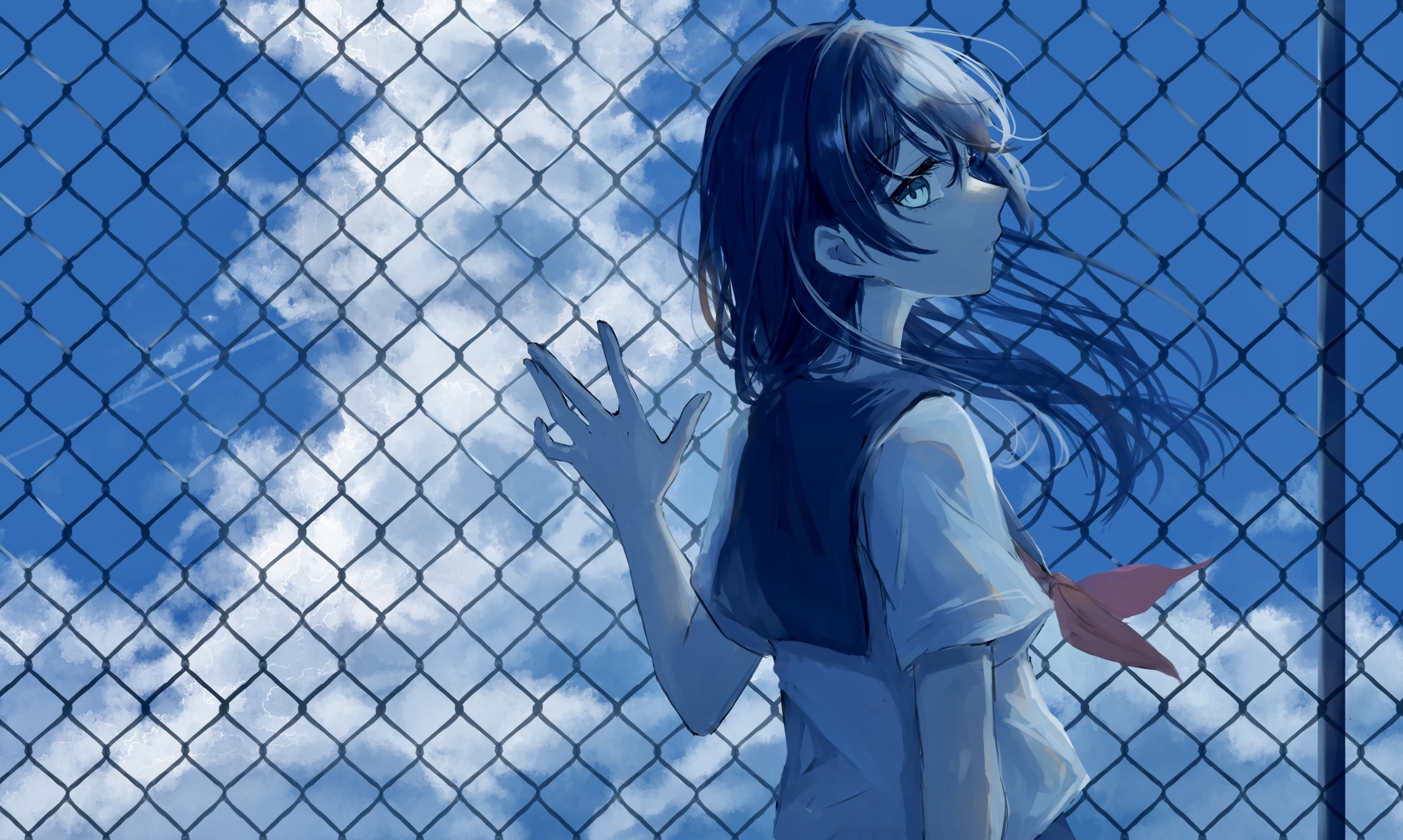 Anime Anime Girls Schoolgirl School Uniform Sky Clouds Fence Looking At Viewer Long Hair Hair Blowin 2980x1784