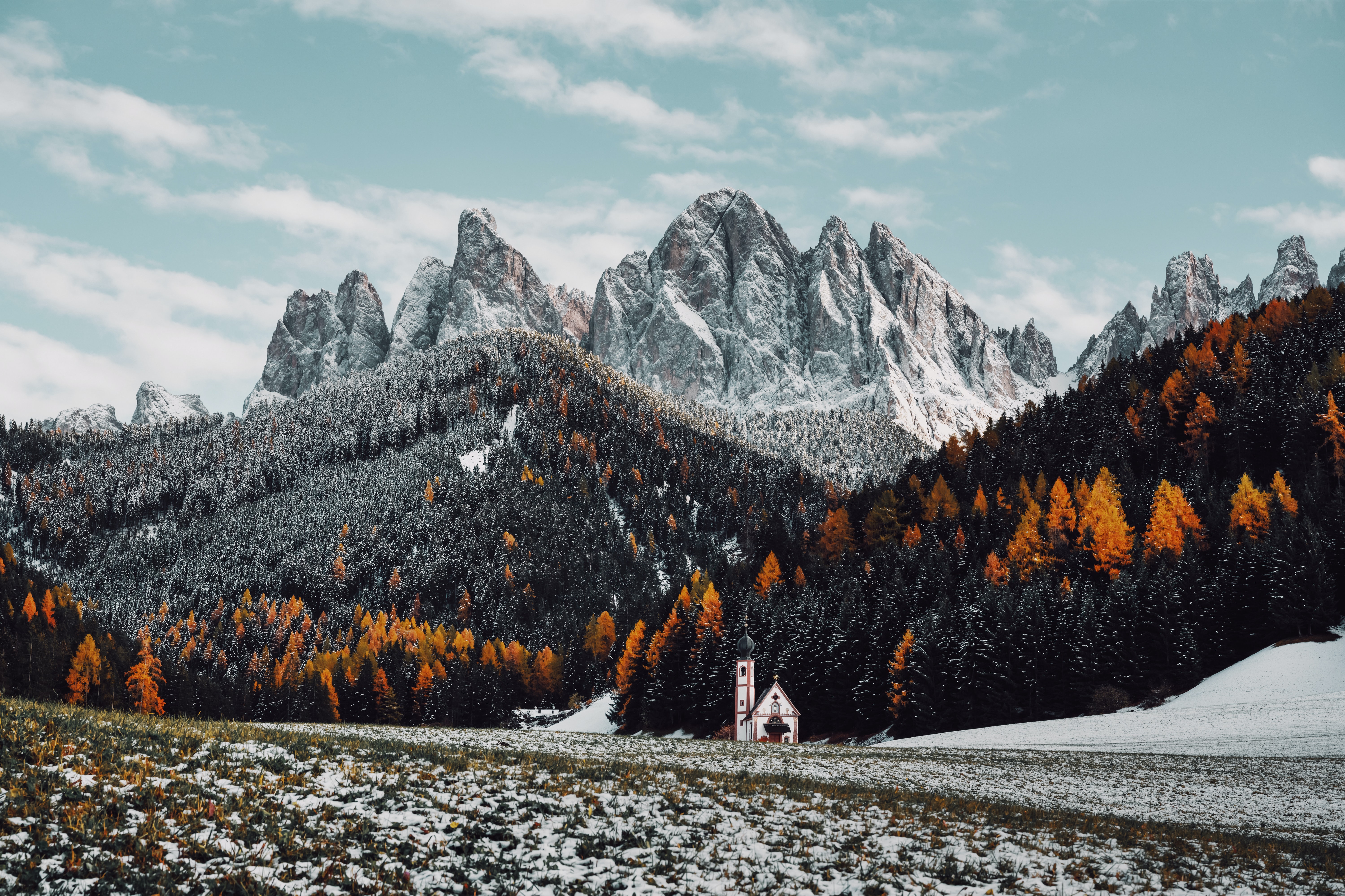 Nature Landscape Forest Trees Church Snow Photography Mountains Clouds Sky 6000x4000