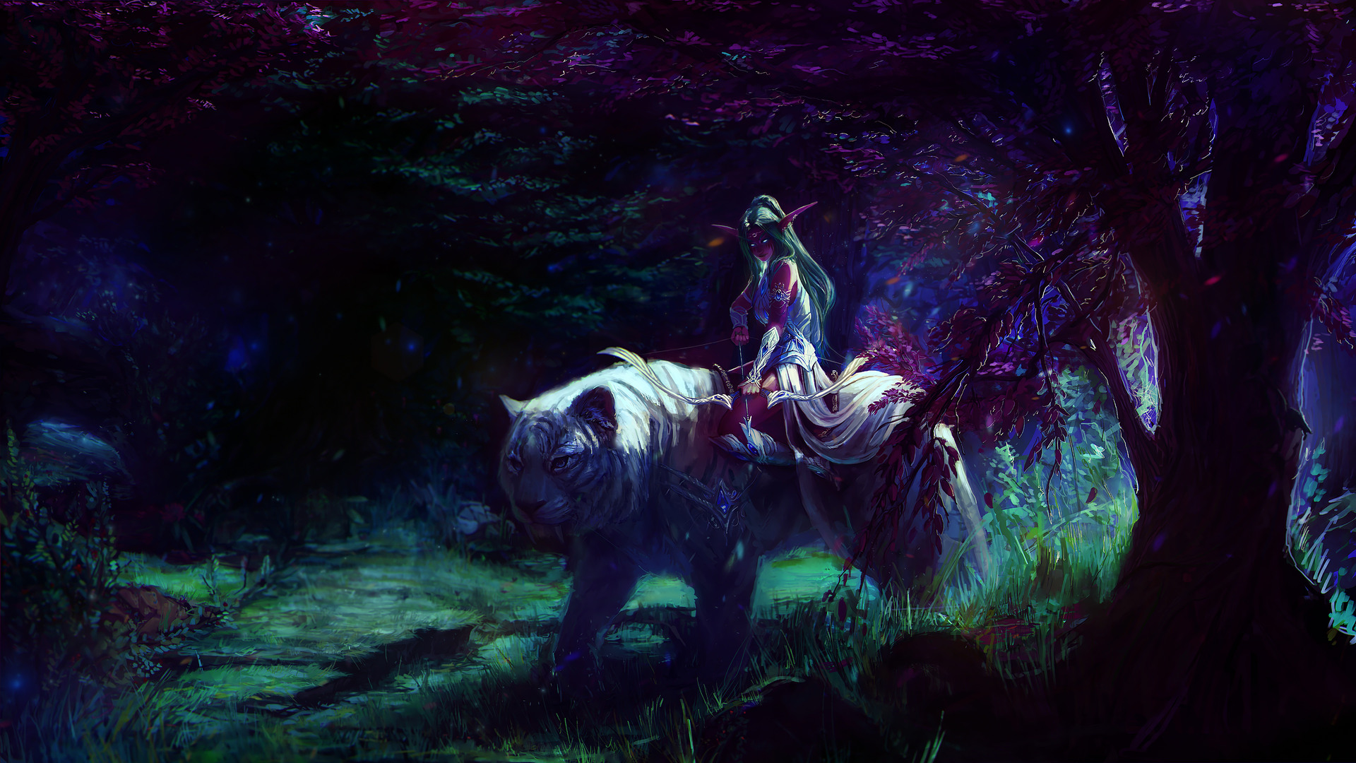 Night Elves Warcraft Tyrande Whisperwind Trees Bow And Arrow Long Hair Glowing Eyes Nature Pointy Ea 1920x1080