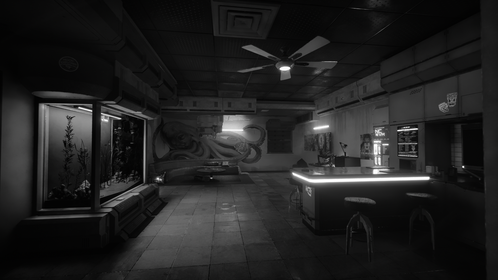 Cyberpunk 2077 Night Video Games CGi Video Game Art Interior Neon Fish Tank Monochrome 1920x1080