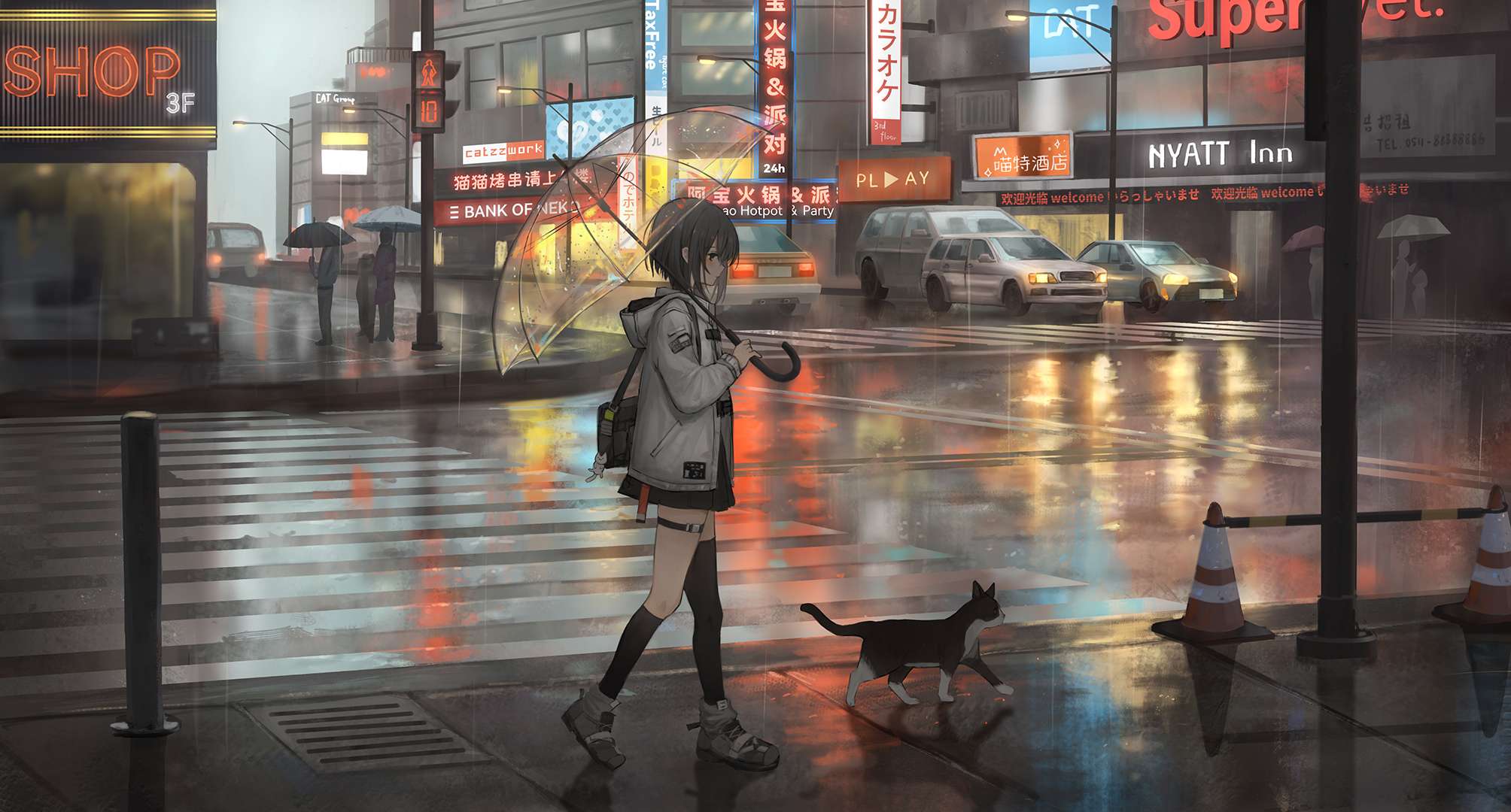 Anime Anime Girls Umbrella Cats Car Japanese Street Rain 2008x1080