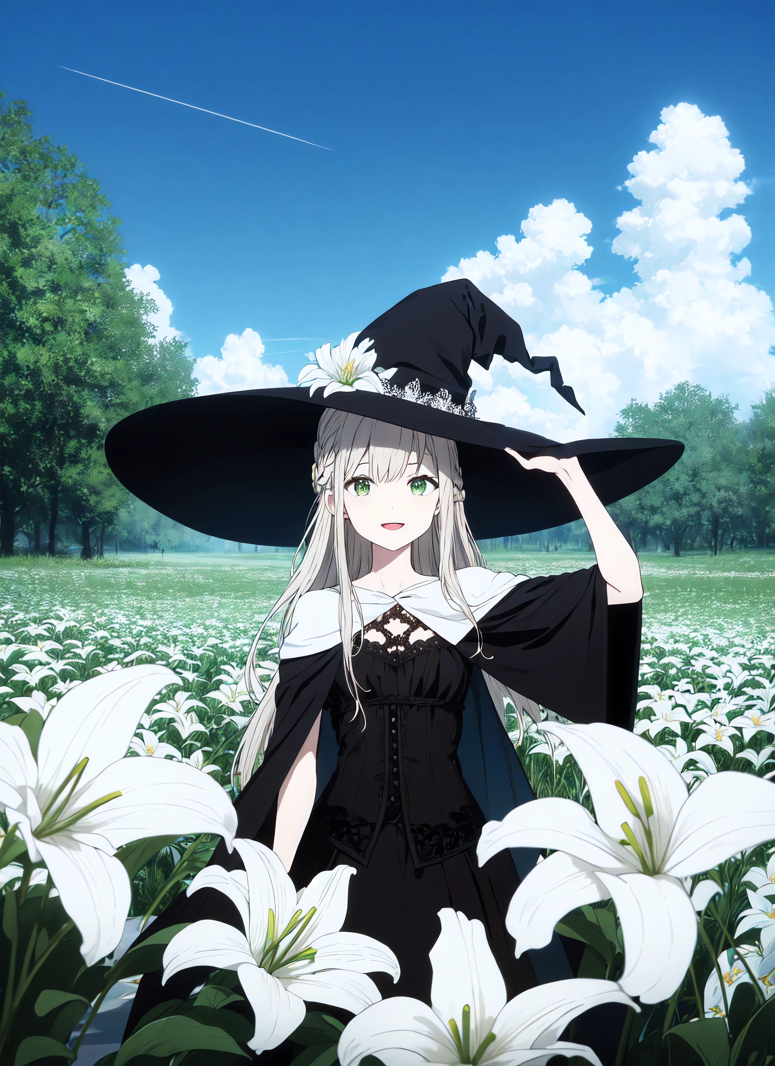 Anime Anime Girls Witch Hat Clouds Flowers Field Trees Smiling Blonde Green Eyes Standing Looking At 2662x3660