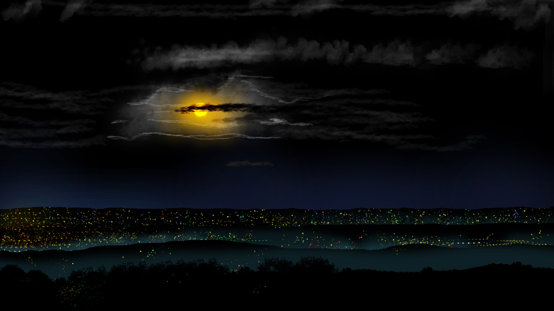 Digital Painting Digital Art City Night Moon Skyline 1920x1080