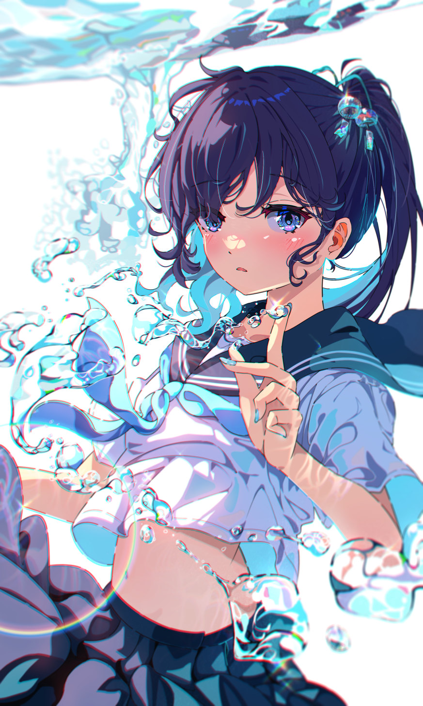 Anime Girls Portrait Display Underwater Bare Midriff Purple Hair Sailor Uniform Schoolgirl School Un 873x1457