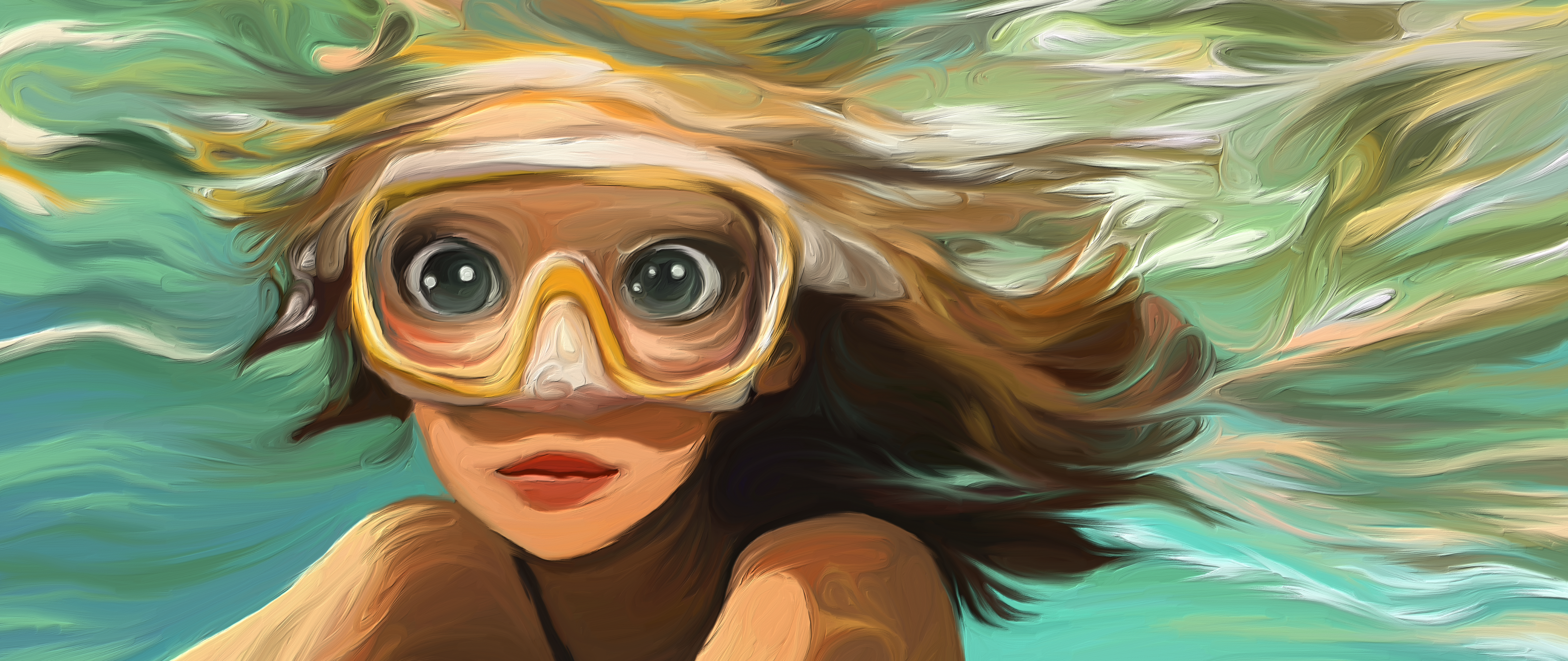 Digital Art Oil On Canvas Underwater Women Water Swimming Goggles Looking At Viewer 5120x2160