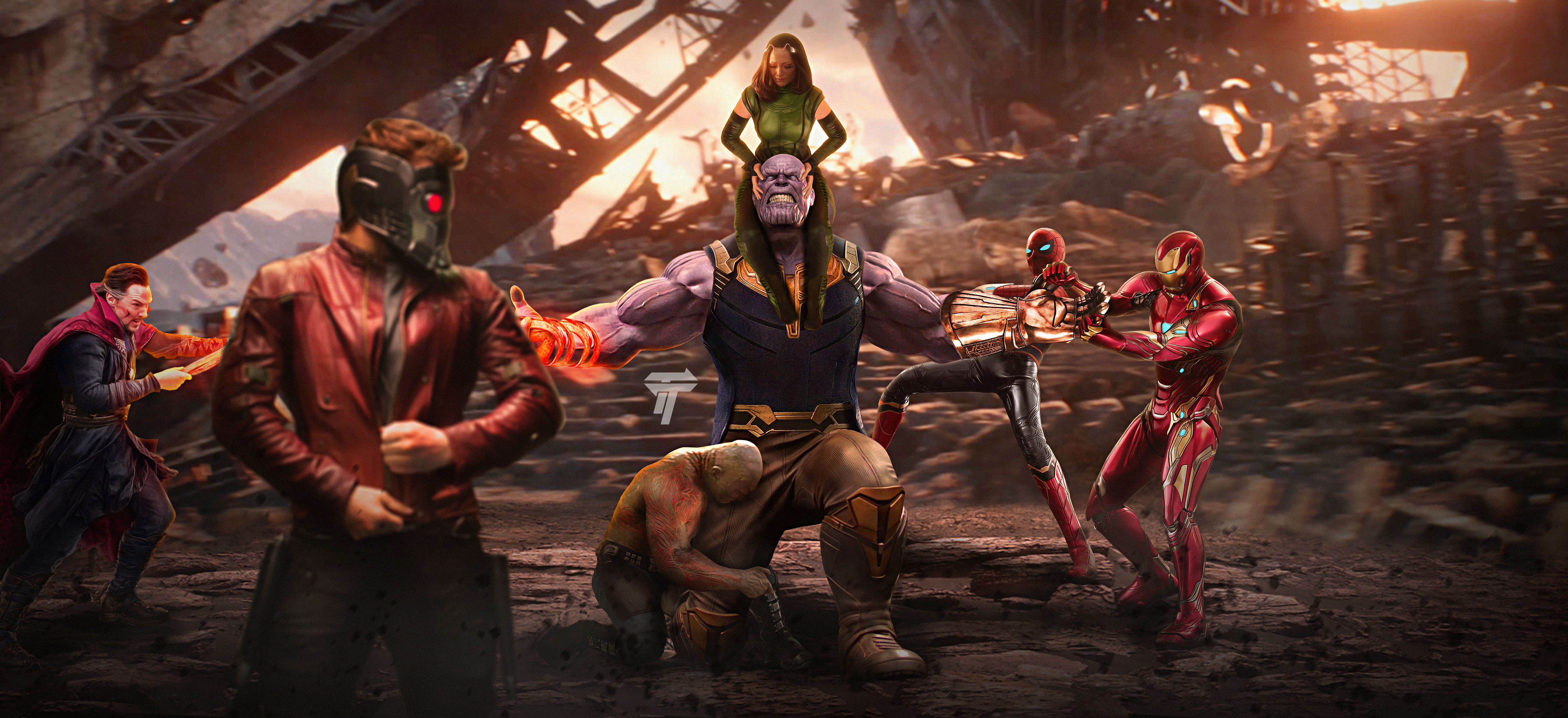Thanos Star Lord Doctor Strange Drax The Destroyer Mantis Marvel Comics Spider Man Iron Man 6000x2747
