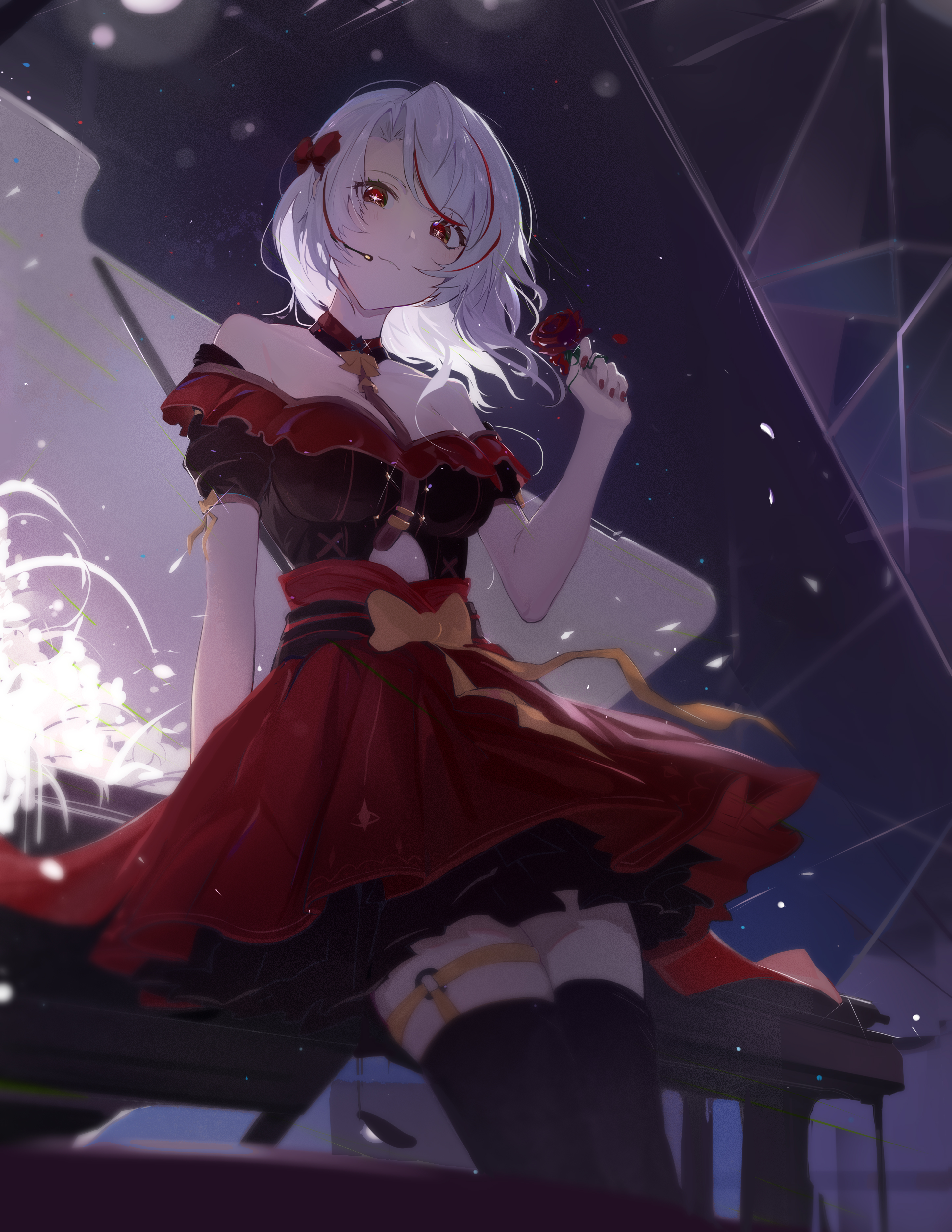Anime Anime Girls Portrait Display Dress Looking At Viewer Short Hair Piano Musical Instrument Rose  2894x3745