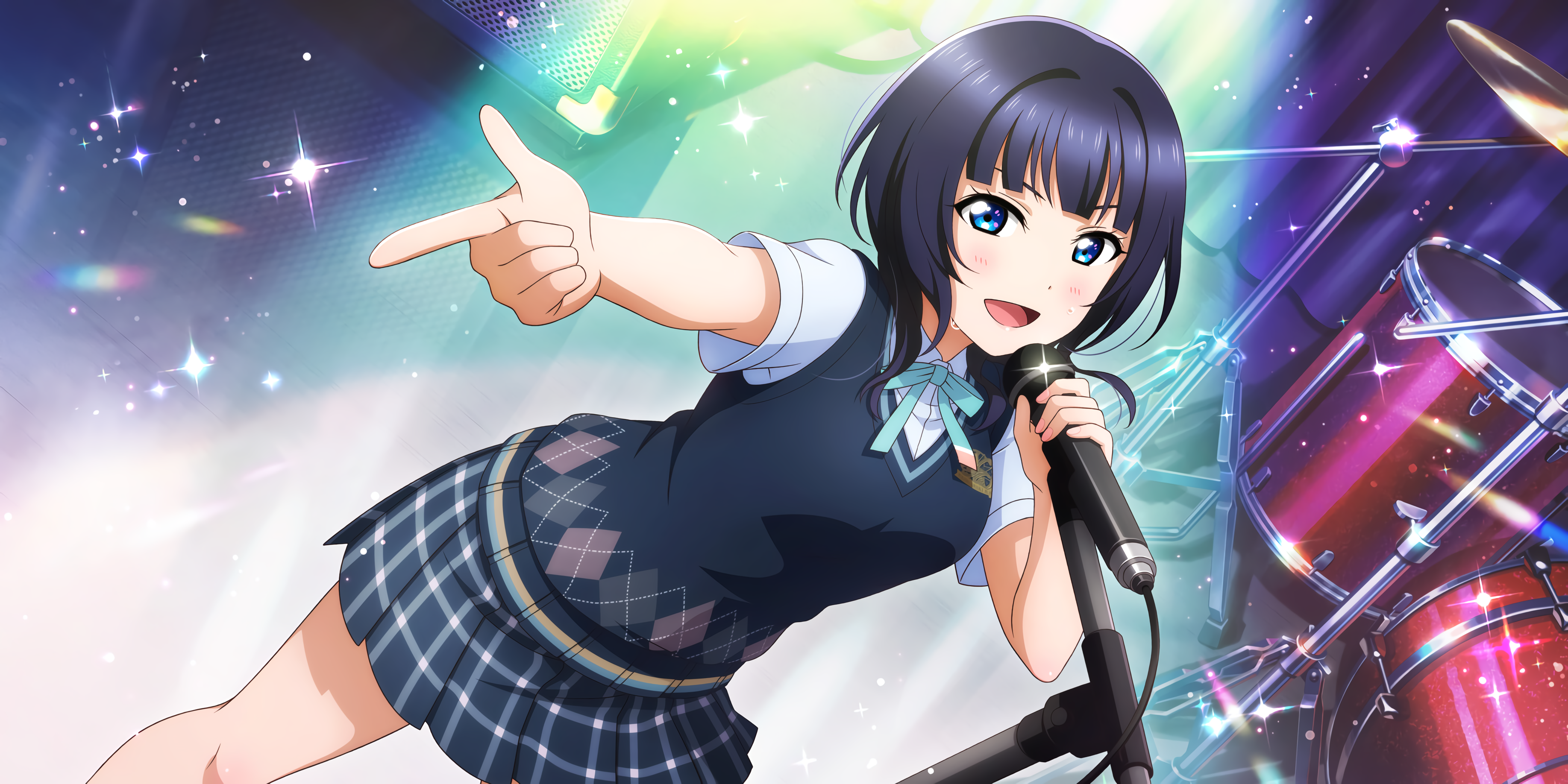 Asaka Karin Love Live Anime Anime Girls Drums Microphone Musical Instrument Dark Hair Blue Eyes Scho 3670x1836