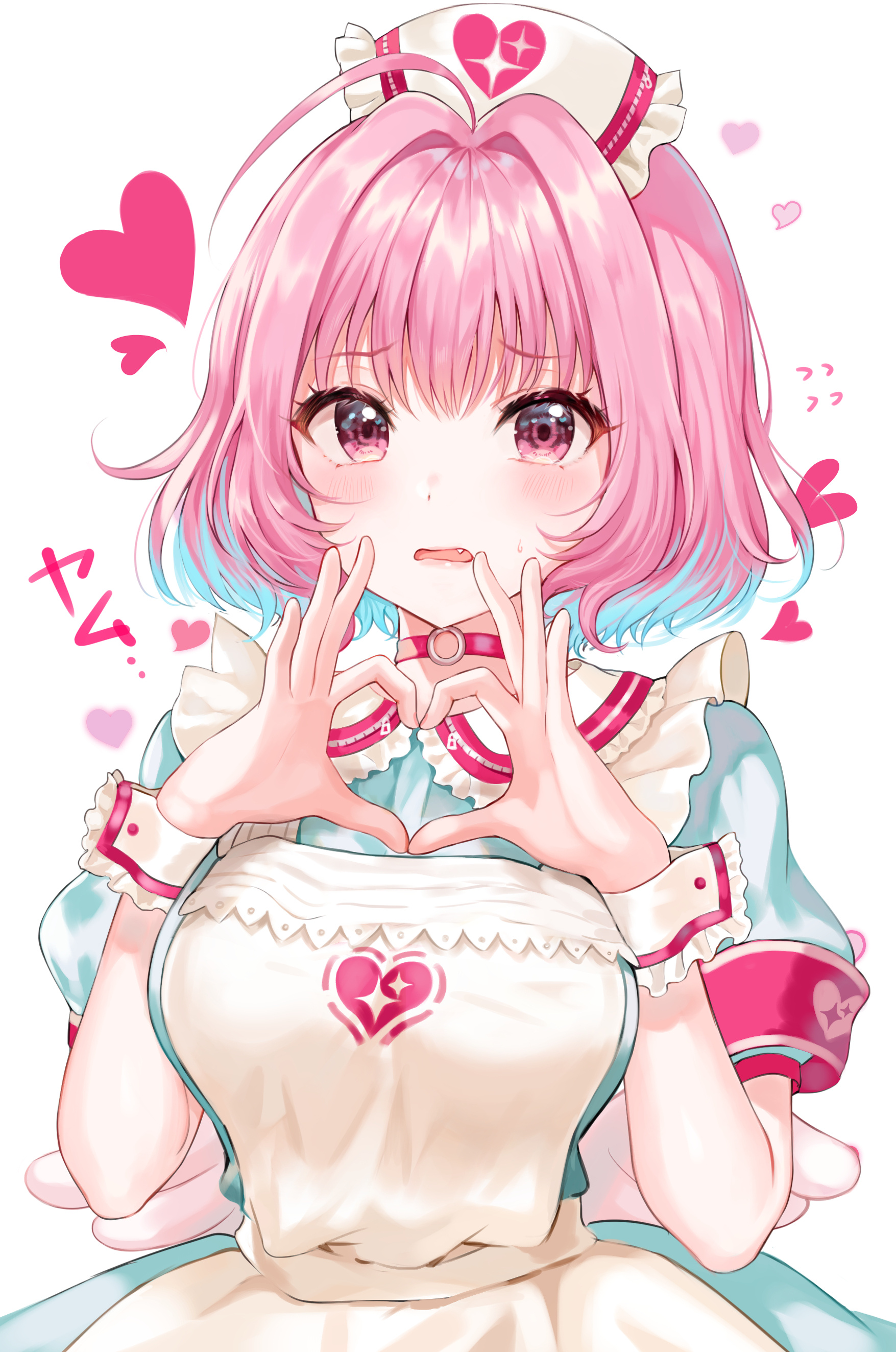 Anime Girls Pink Hair Vertical Nurses Nurse Outfit Heart Hands Heart Choker Japanese Characters Japa 1755x2647