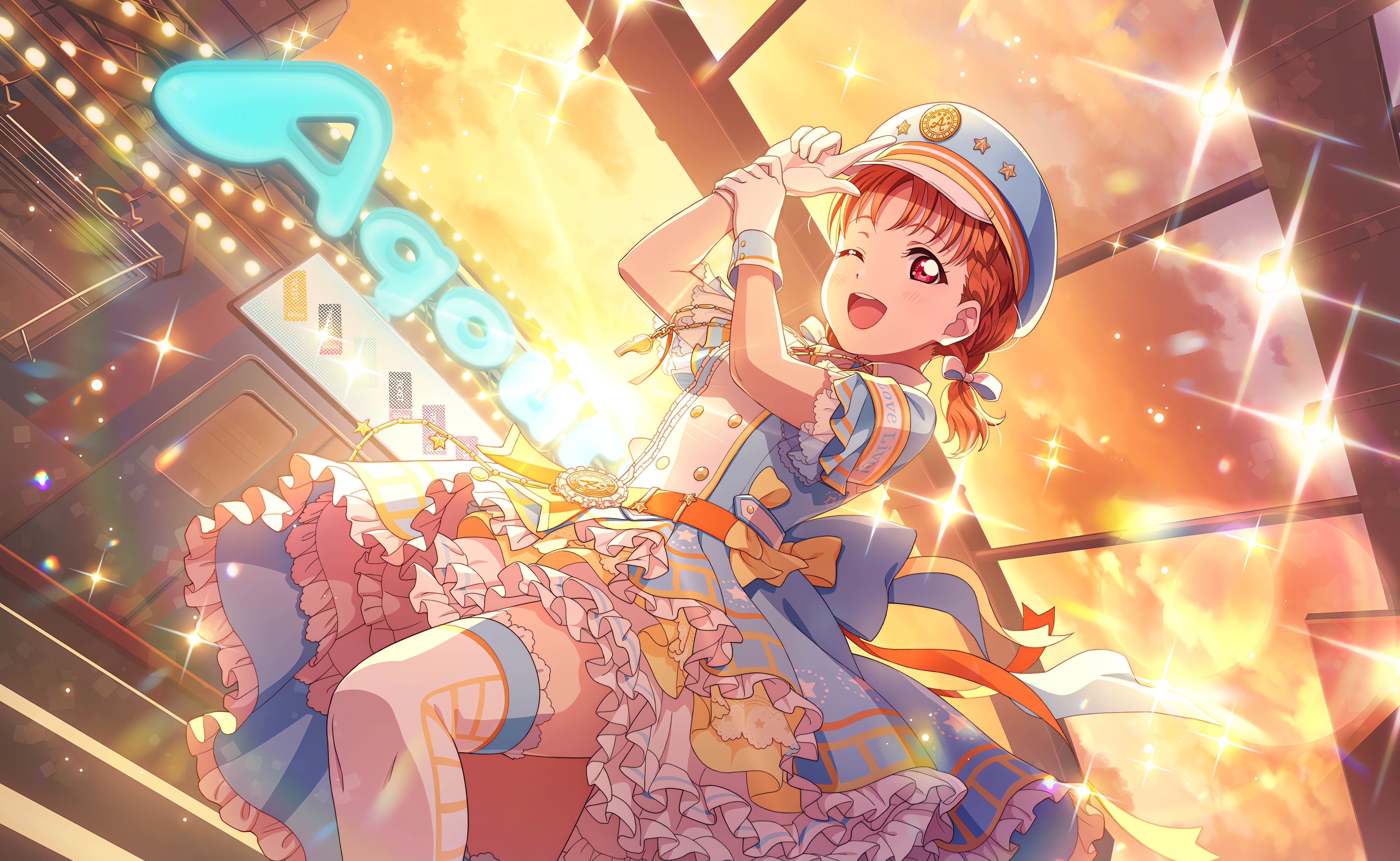 Takami Chika Love Live Love Live Sunshine Anime Anime Girls One Eye Closed Gloves Stars Dress Sunset 4096x2520