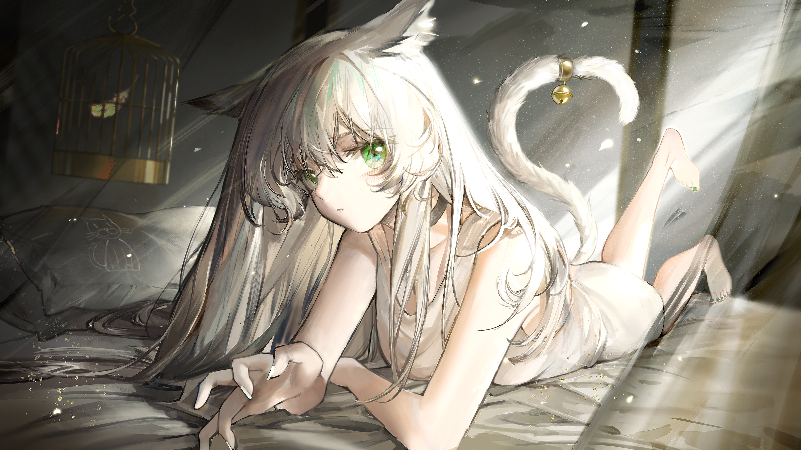 Arknights Rosmontis Arknights White Hair Green Eyes Bed Cat Girl Cat Ears Lying On Front Long Hair L 3200x1800