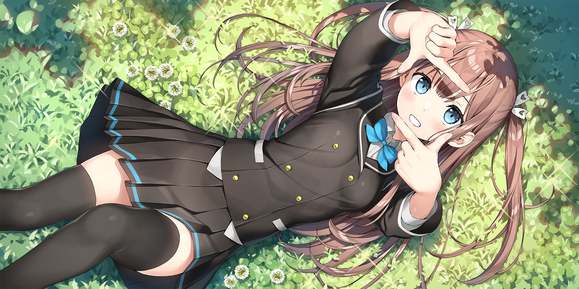 Anime Anime Girls School Uniform Grass Lying On Back Blue Eyes 1900x950