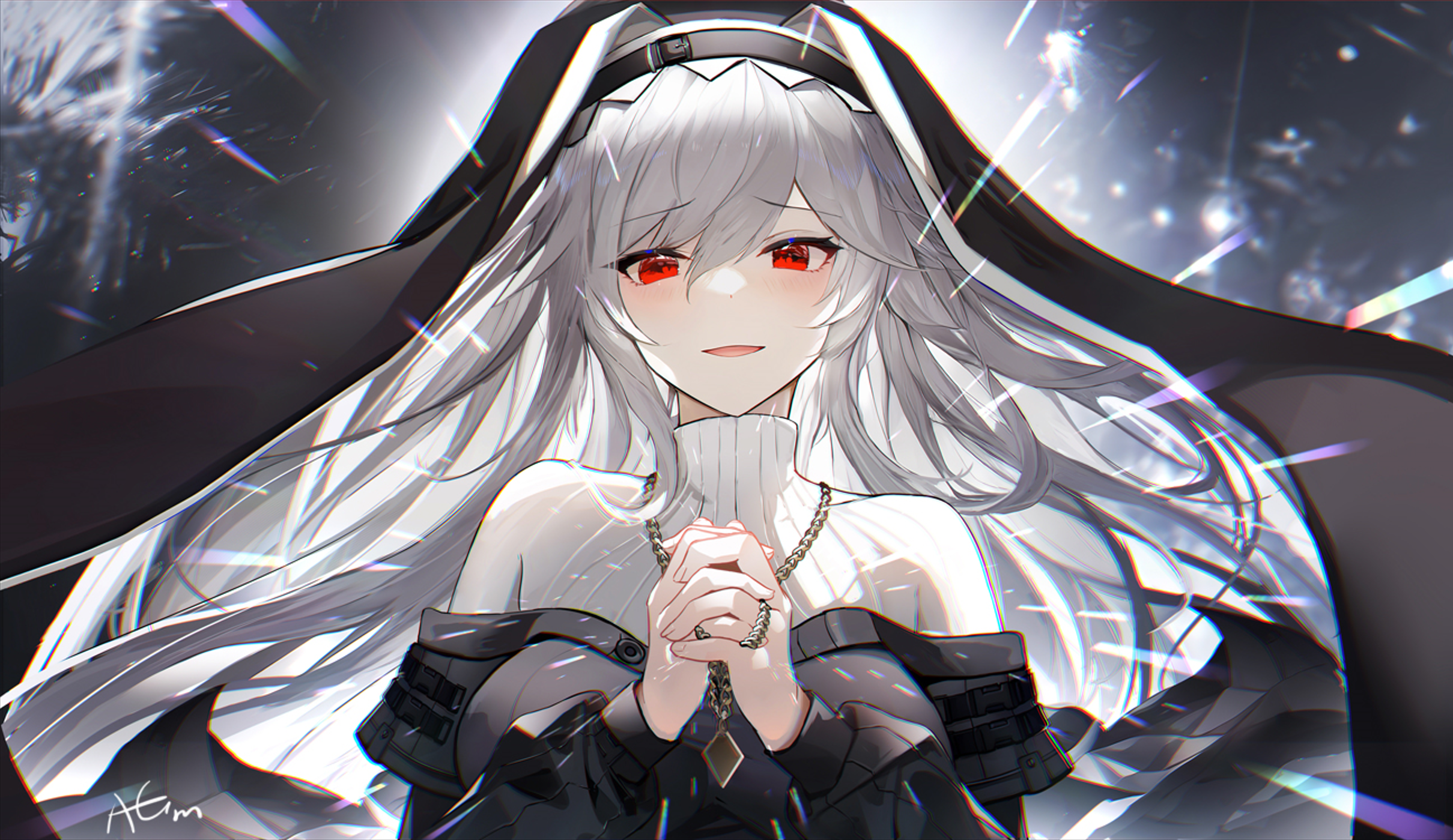 Arknights Specter Arknights Omone Hokoma Agm Anime Girls Red Eyes Silver Hair Nuns Nun Outfit Blush  2419x1399