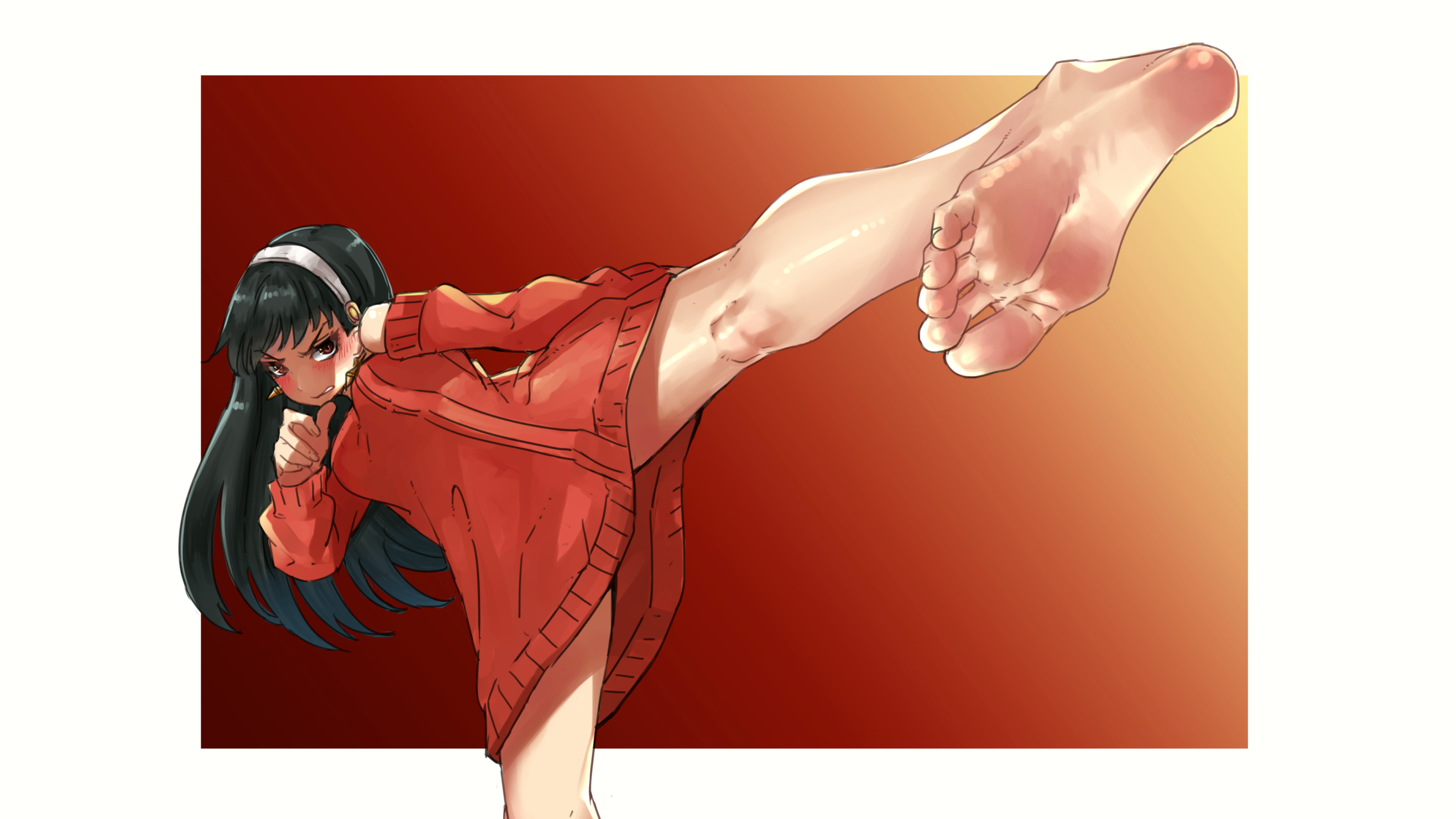 Eiji Yor Forger Spy X Family Arms Up Legs Barefoot Black Hair Dark Hair Anime Girls Anime Blushing D 2633x1481