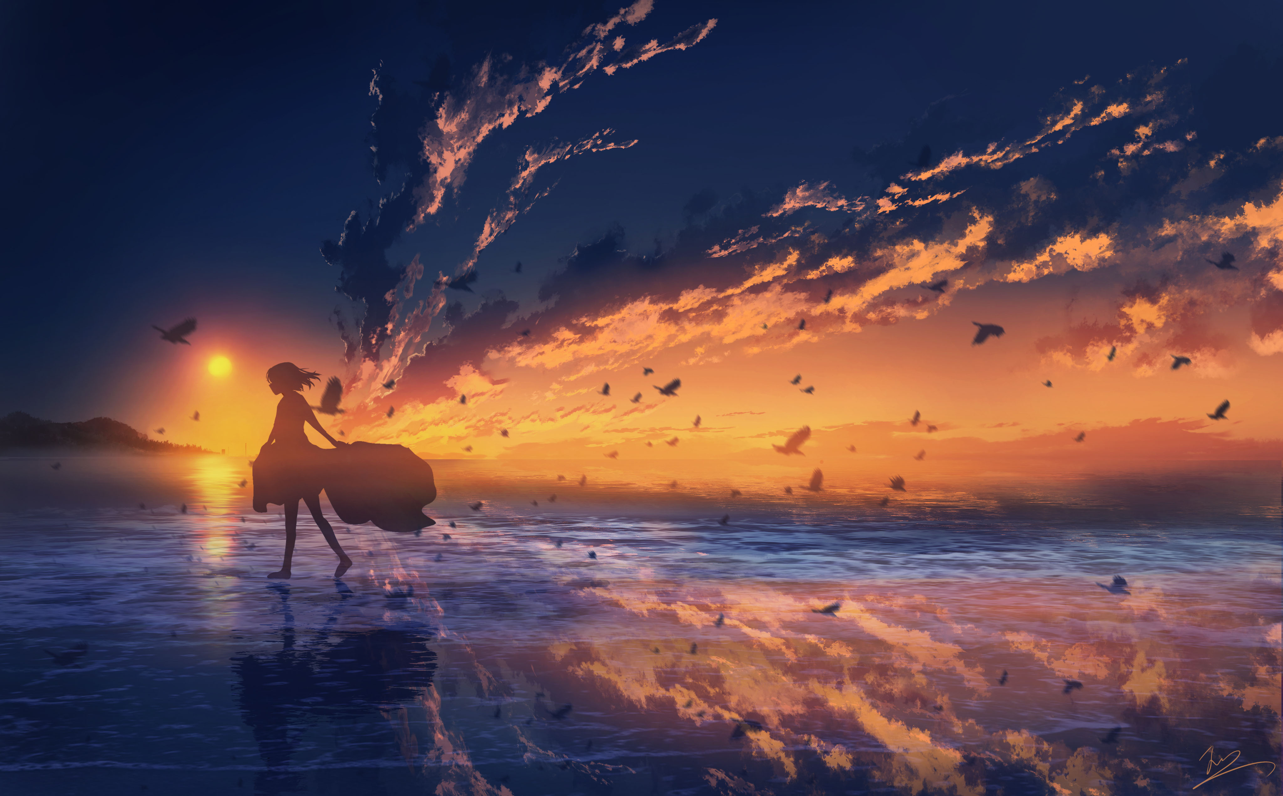 Anime Girls Artwork Anime Sky Sky Sunset Sea Reflection Sea Gulls Anime Sunset Glow Horizon Digital  4096x2541