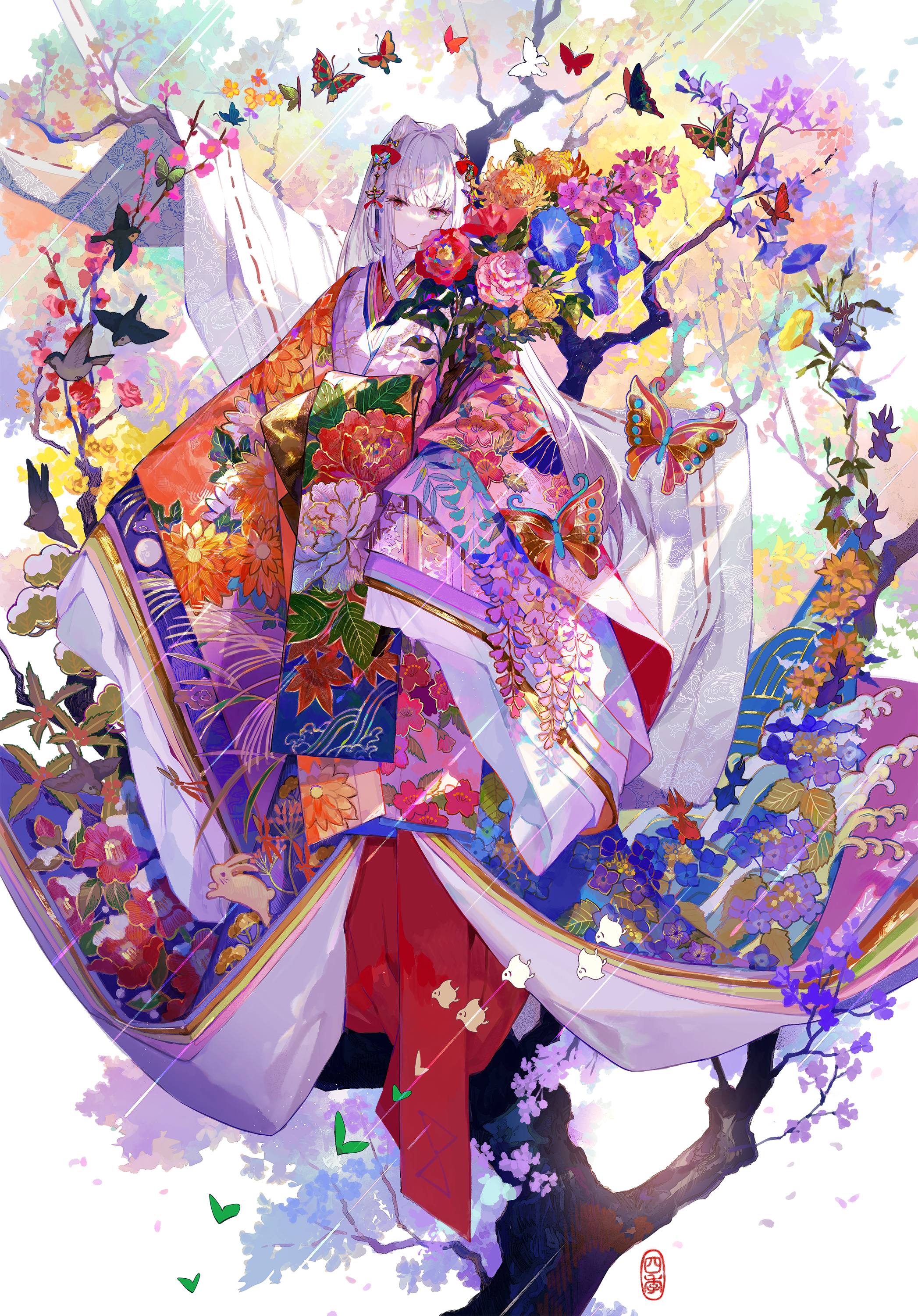 Pixiv Anime Anime Girls Portrait Display Flowers Kimono Looking At Viewer Long Hair Branch Butterfly 2094x3000