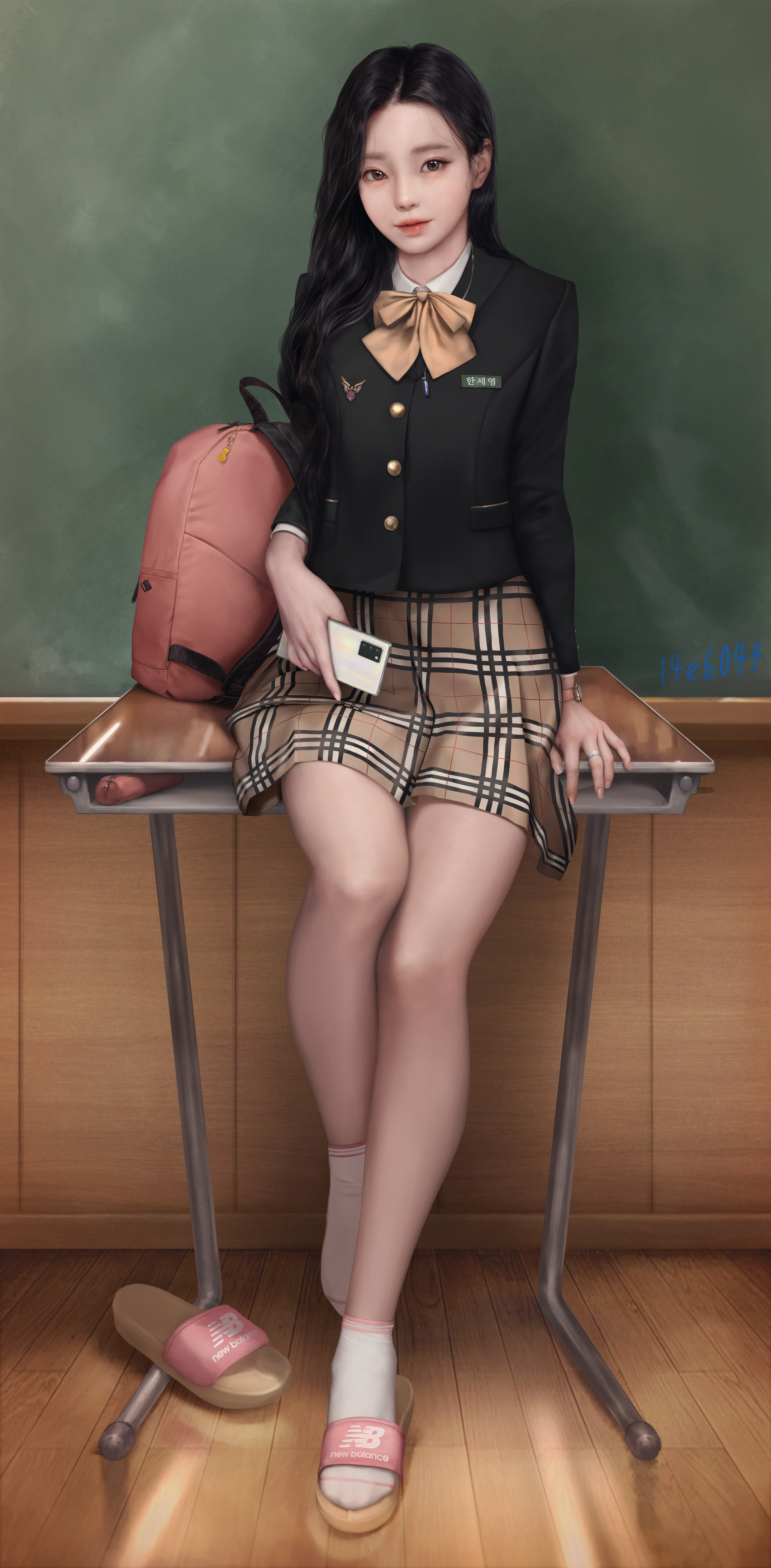 Asian Schoolgirl School Uniform Blackboard Artwork Drawing Desk Cellphone Yong Jun Park Women Portra 3000x6105