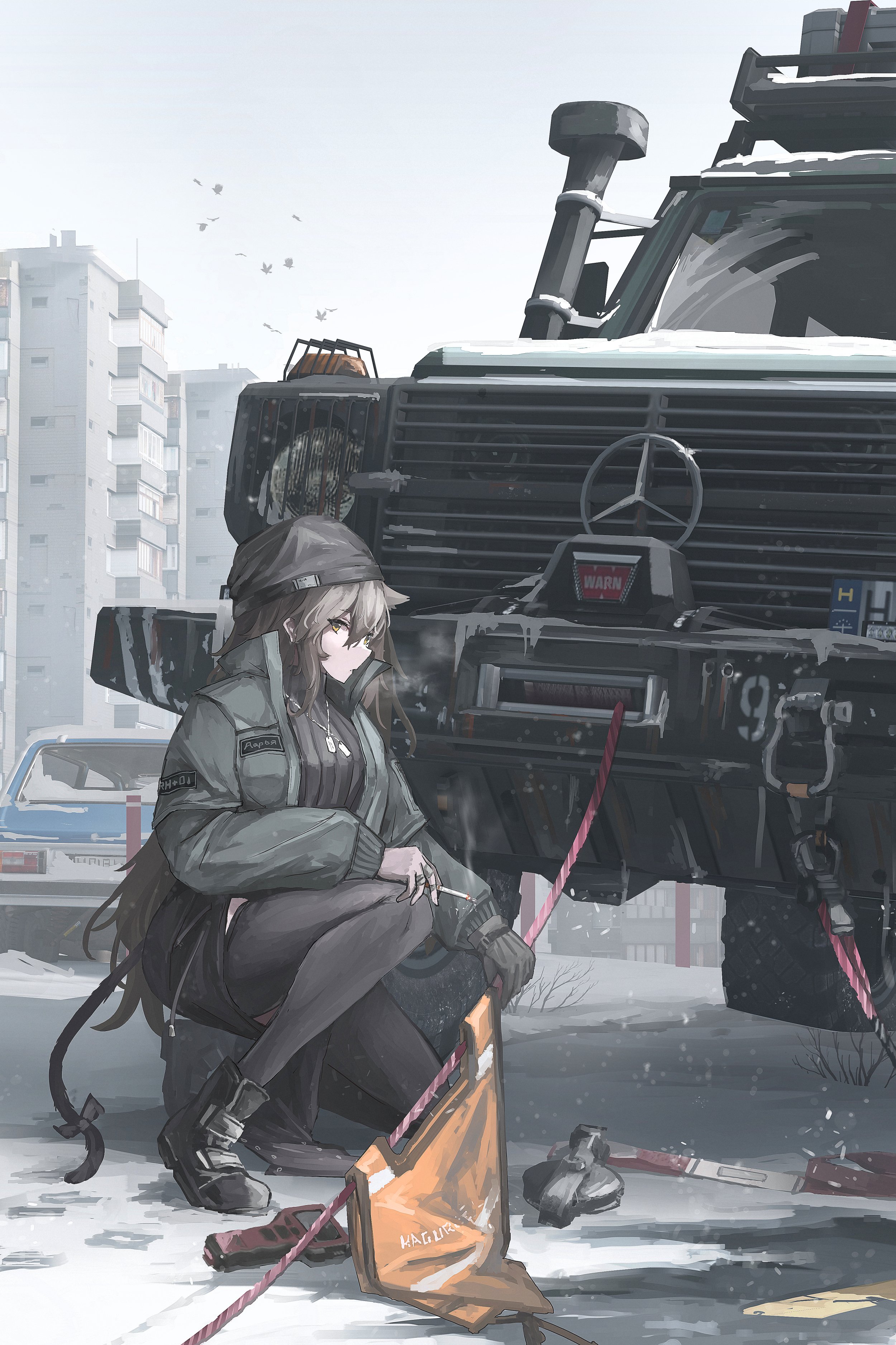 Anime Anime Girls Car Snow Hat Cigarettes Smoking Mercedes Benz G Class 2500x3750