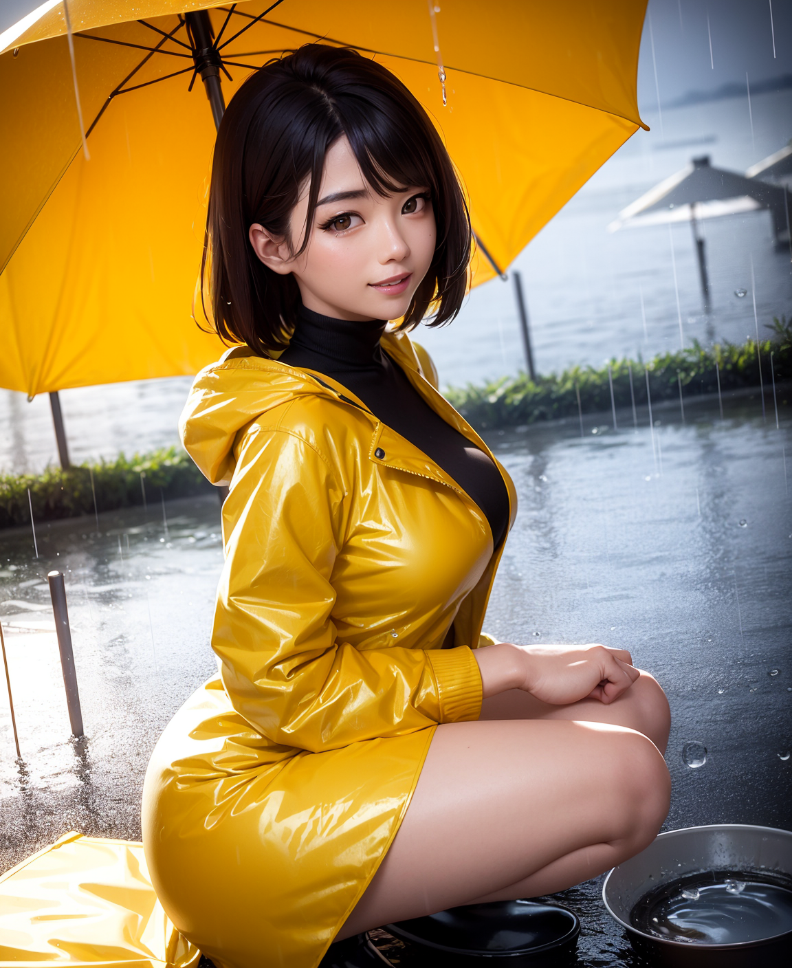 Ai Art Rain Water Umbrella Black Hair Raincoat Yellow Raincoat Black Eyes Bob Hairstyle Asian Women  1152x1408