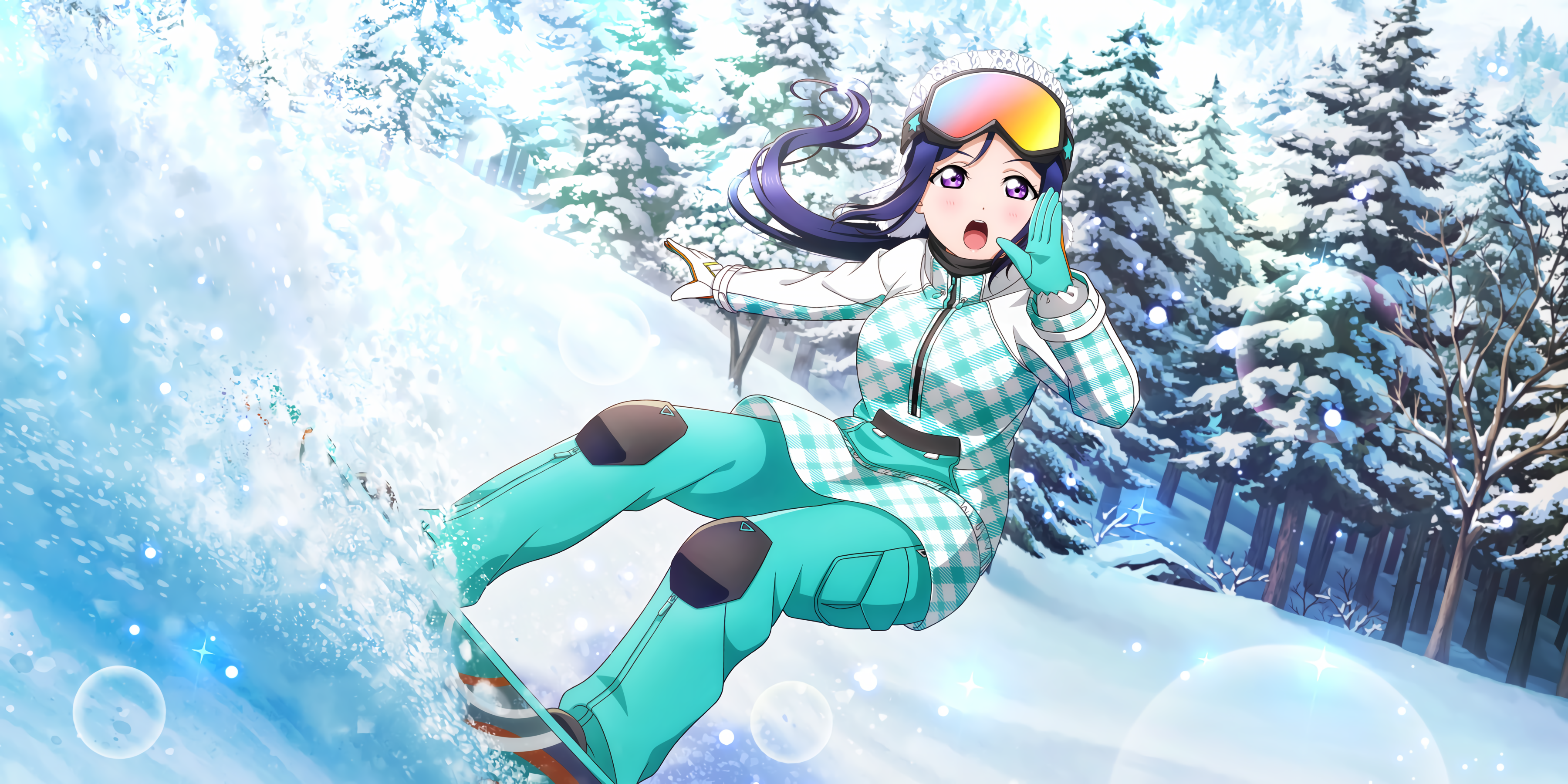 Matsuura Kanan Love Live Sunshine Love Live Anime Anime Girls Snow Gloves Trees Snowboarding Snowboa 3600x1800