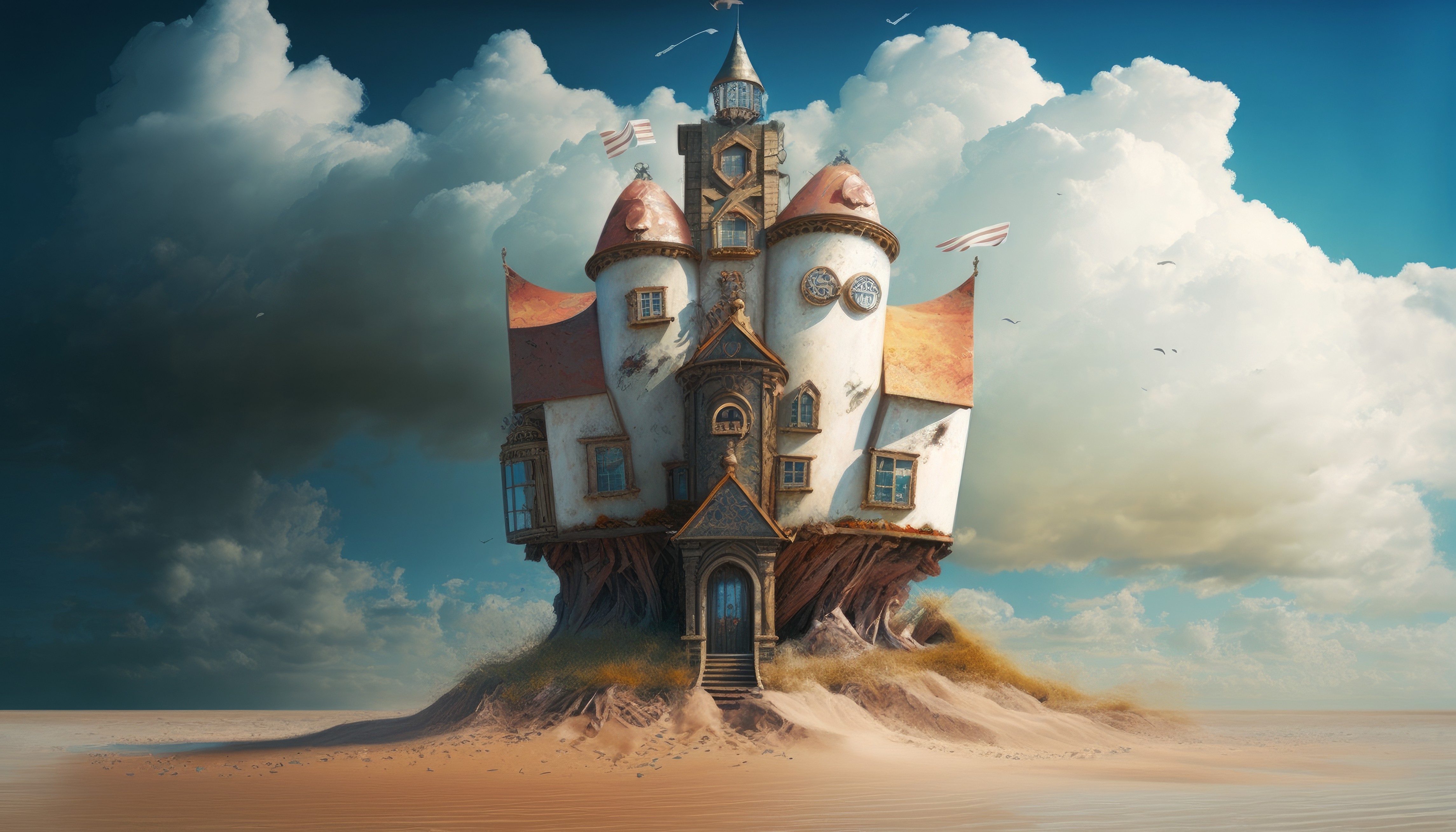 Ai Art Clouds Beach Castle Surreal Illustration Building 4579x2616