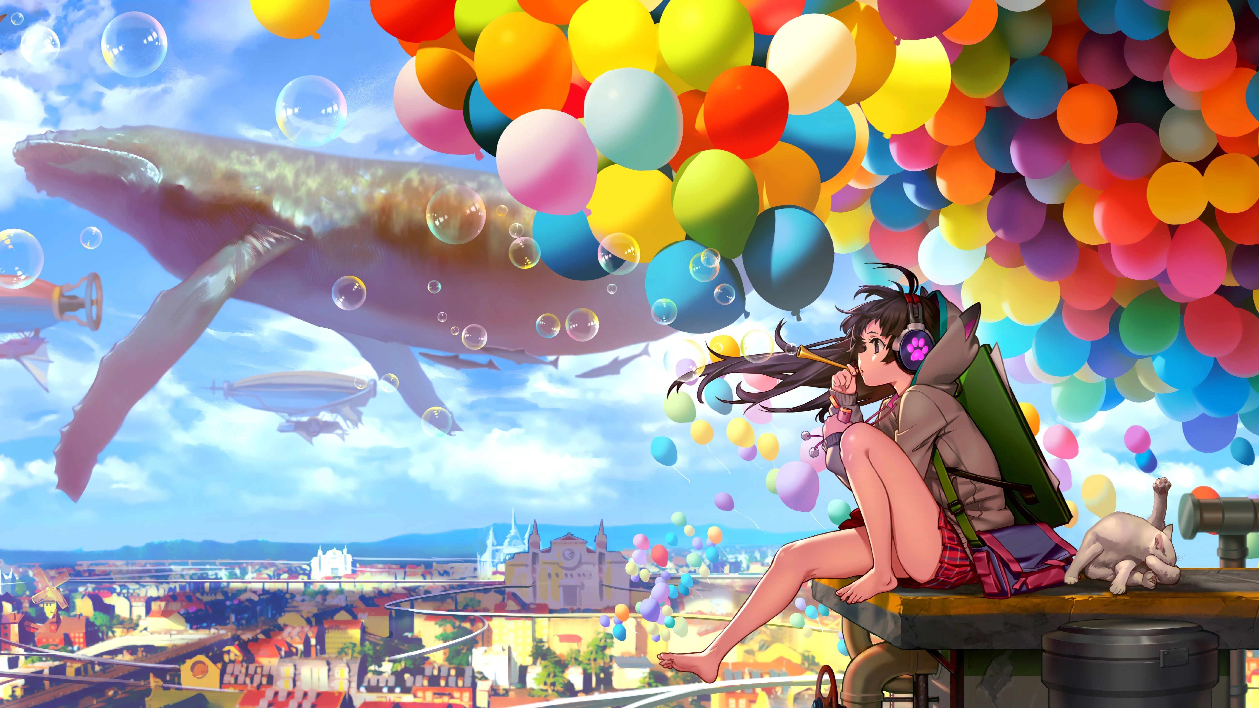 Anime Anime Girls Balloon Bubbles Sky Clouds Whale Animals Cats Feet Cityscape Headphones Hot Air Ba 5120x2880