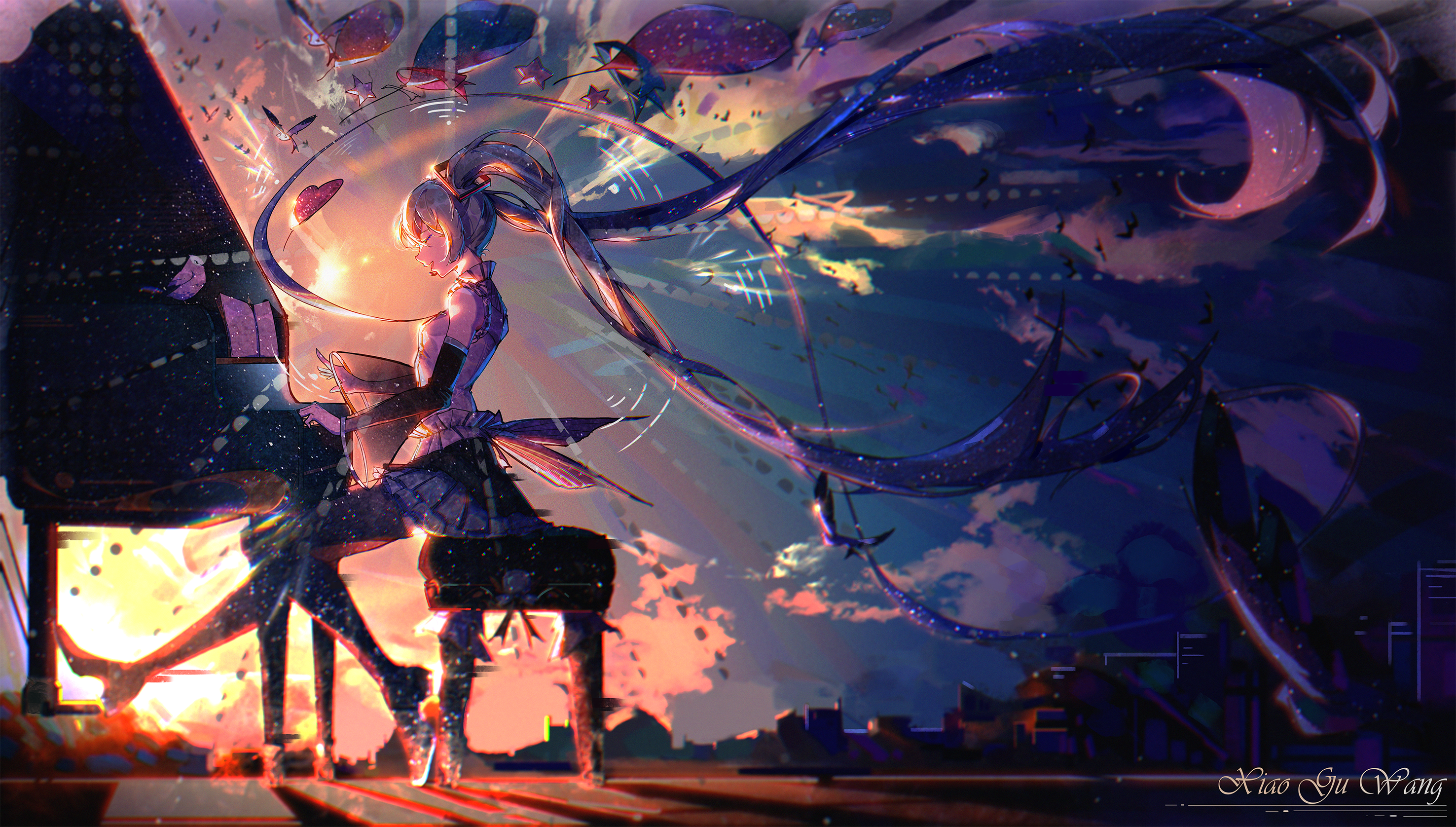 Hatsune Miku Piano Dawn Anime Girls Anime Pixiv Sky Vocaloid Sunlight Sunset Sunset Glow Musical Ins 2952x1676