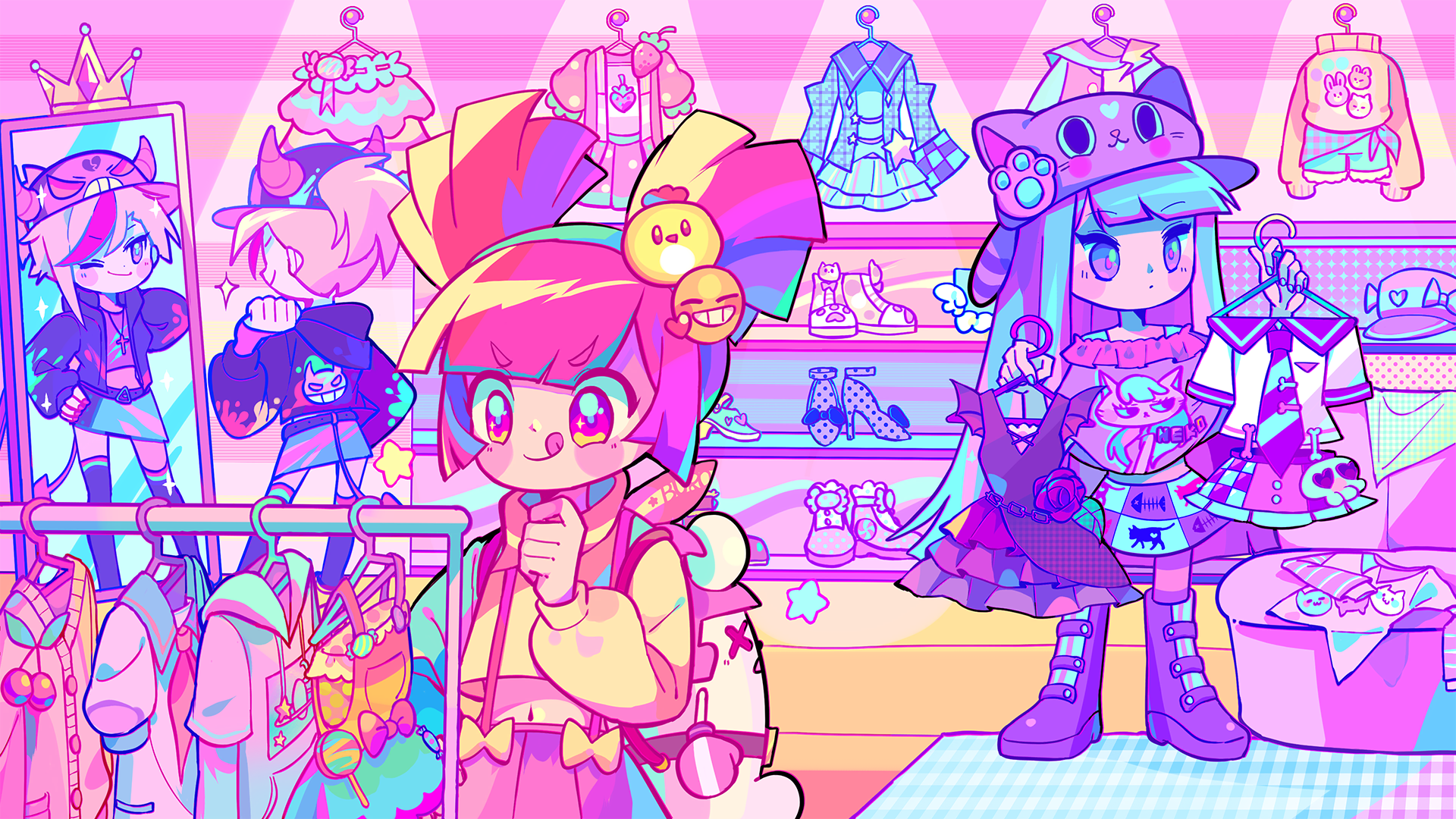 MuseDash Anime Girls Kawai Artist Music Colorful Shoes Clothes Shopping Mirror Reflection Hat Tongue 1920x1080