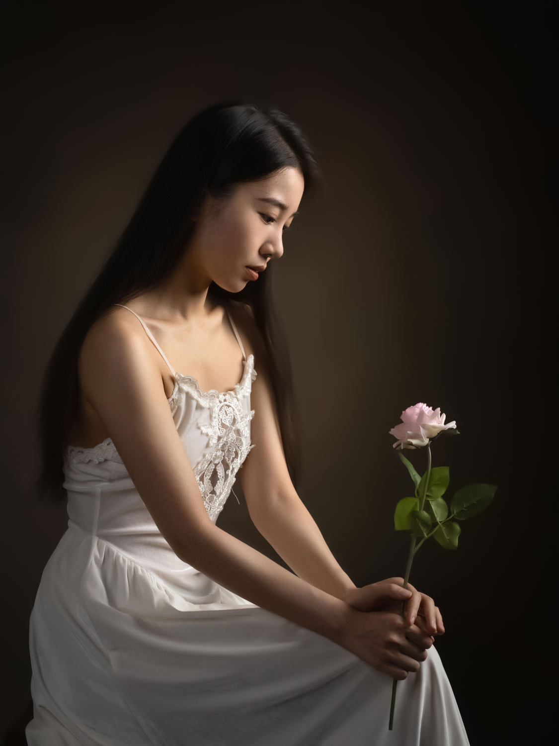 Lee Hu Women Asian Long Hair Flowers Simple Background 1125x1500