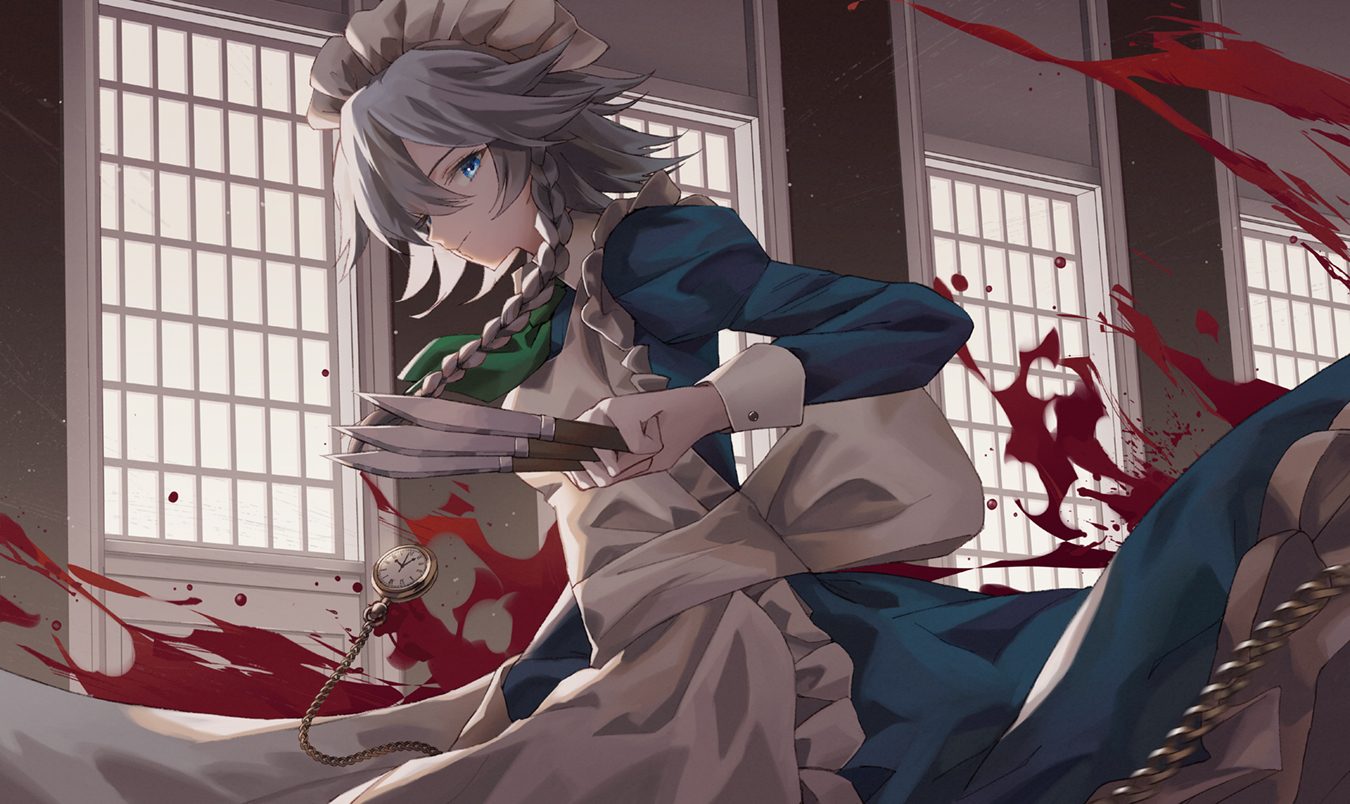 Anime Girls Touhou Knife Pocketwatches Izayoi Sakuya Looking At Viewer Long Hair Maid Maid Outfit Br 1350x804