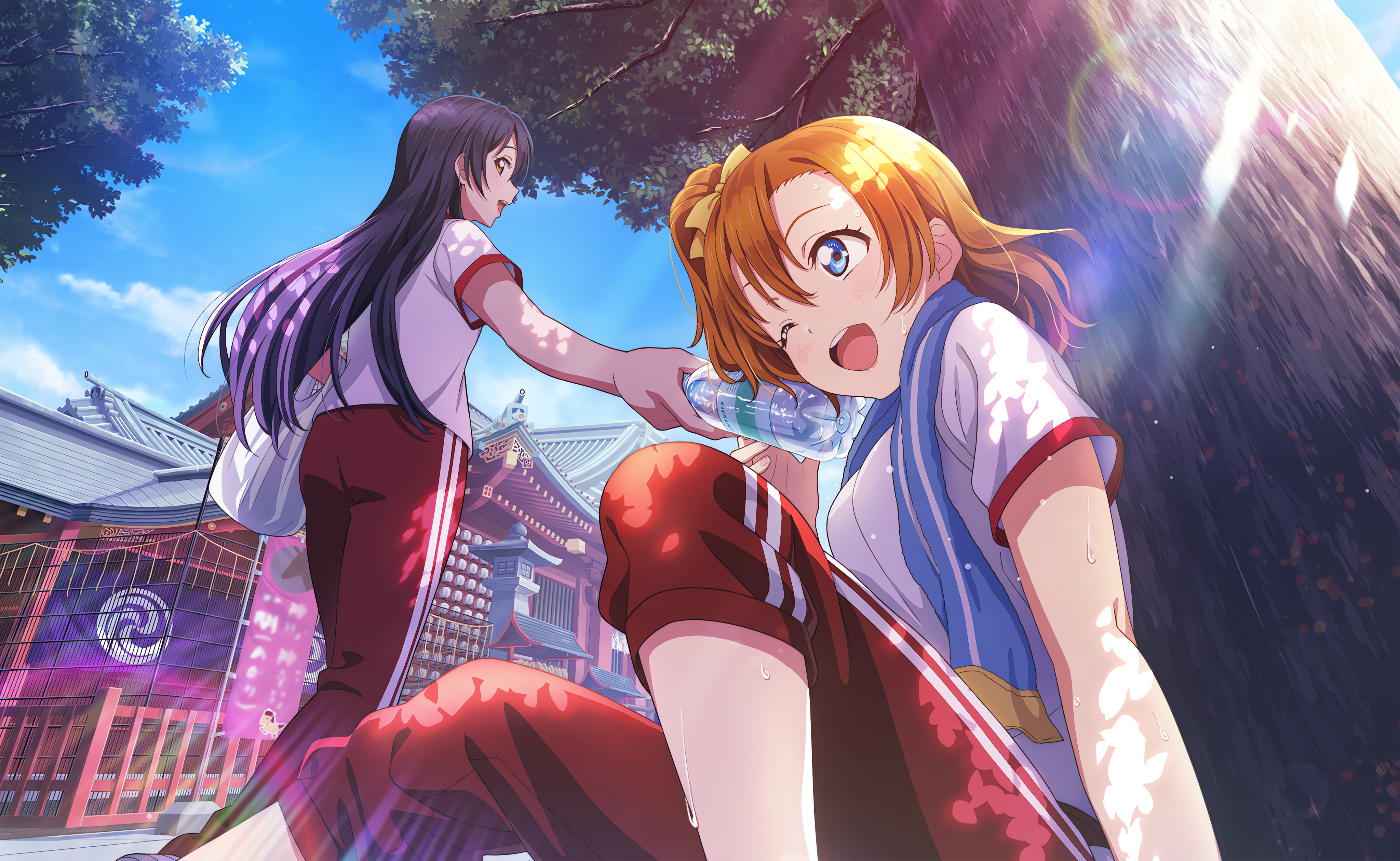 Kousaka Honoka Love Live Anime Anime Girls Umi Sonoda Trees Sky Clouds Sunlight Open Mouth One Eye C 4096x2520