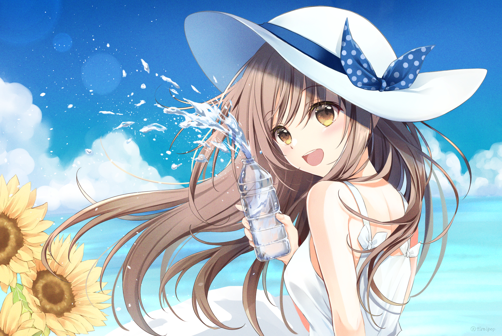 Anime Anime Girls Original Characters Solo Artwork Digital Art Fan Art Water Bottle Hat Dandelion 1752x1173