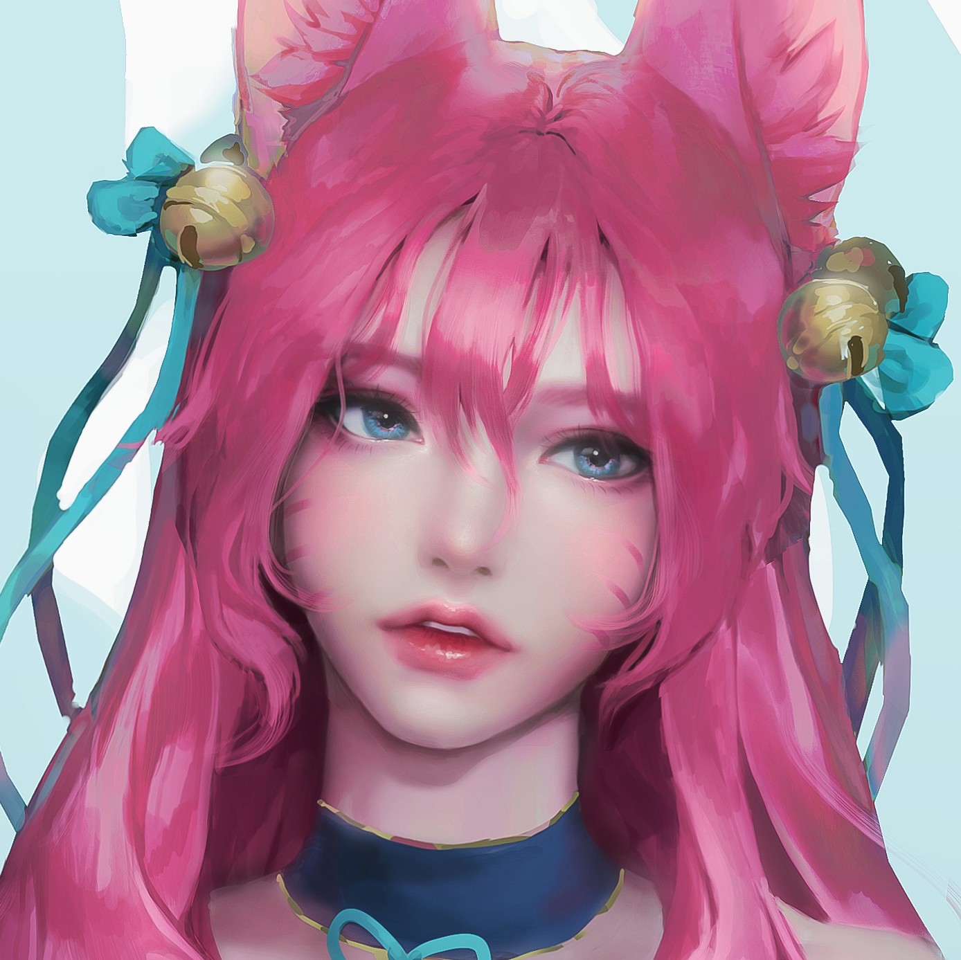Fantasy Girl CG Pink Hair Cat Ears Blue Eyes Bell 1388x1387