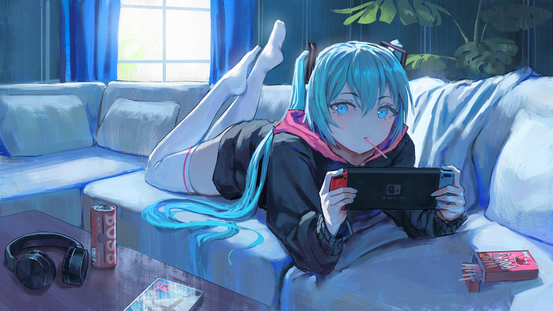 Anime Anime Girls Lying On Couch Couch Headphones Blue Eyes Nintendo Switch Pocky Hatsune Miku Vocal 1920x1080