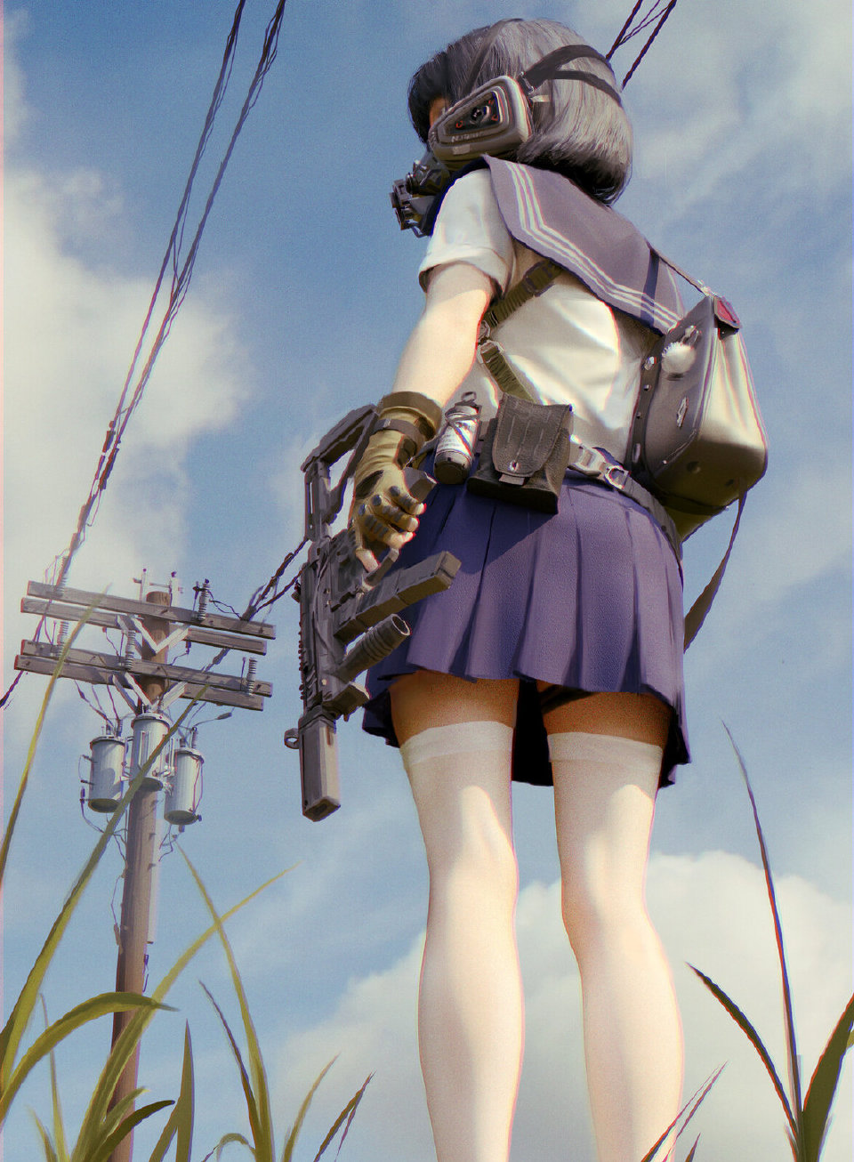 Anime Girls Artwork Digital Art School Uniform Schoolgirl Gun Mask 960x1306