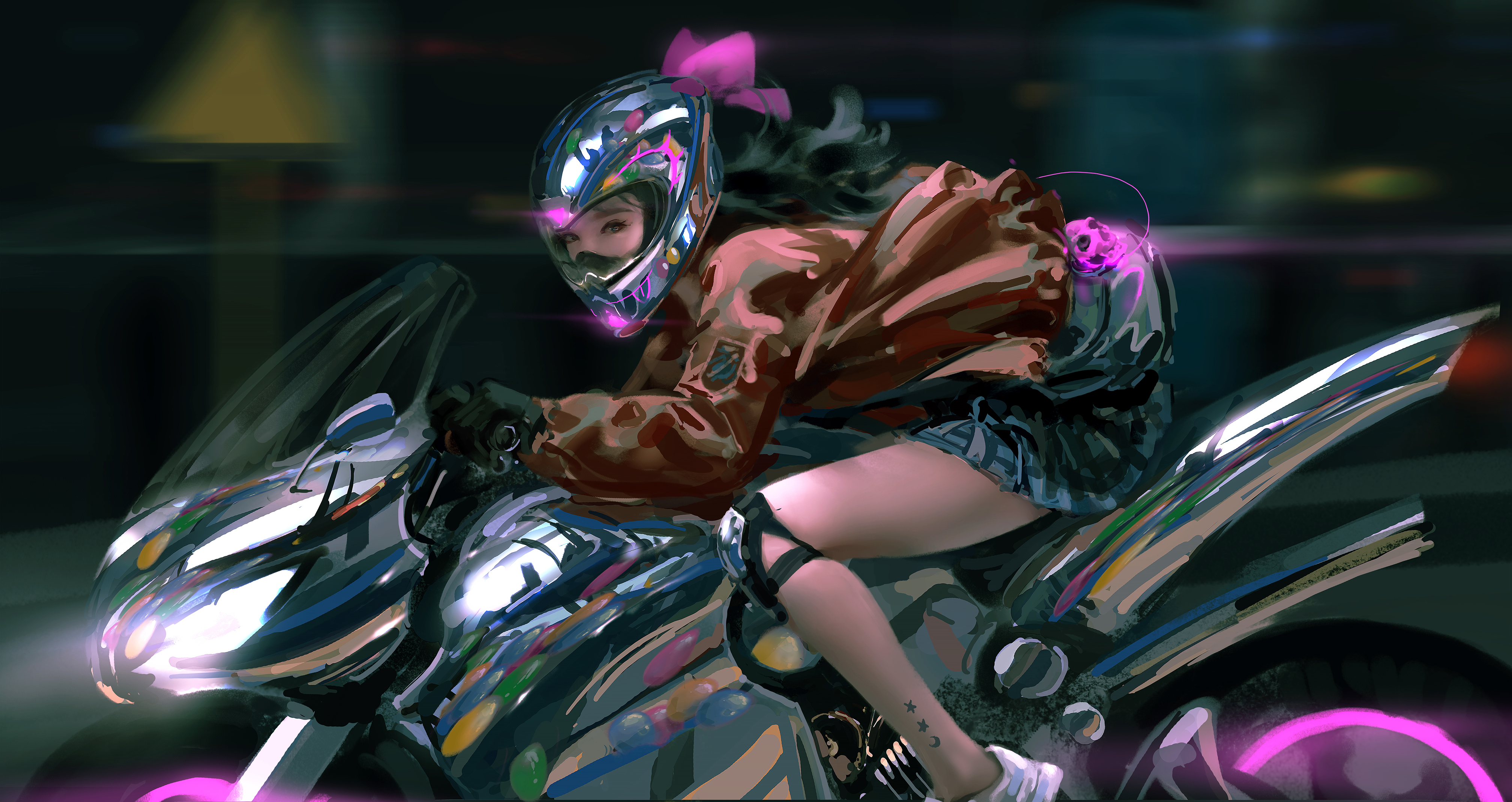 WLOP Digital Art Artwork Illustration Women Motorcycle Motorbike Helmet Skirt Long Hair Dark Hair Lo 4031x2137