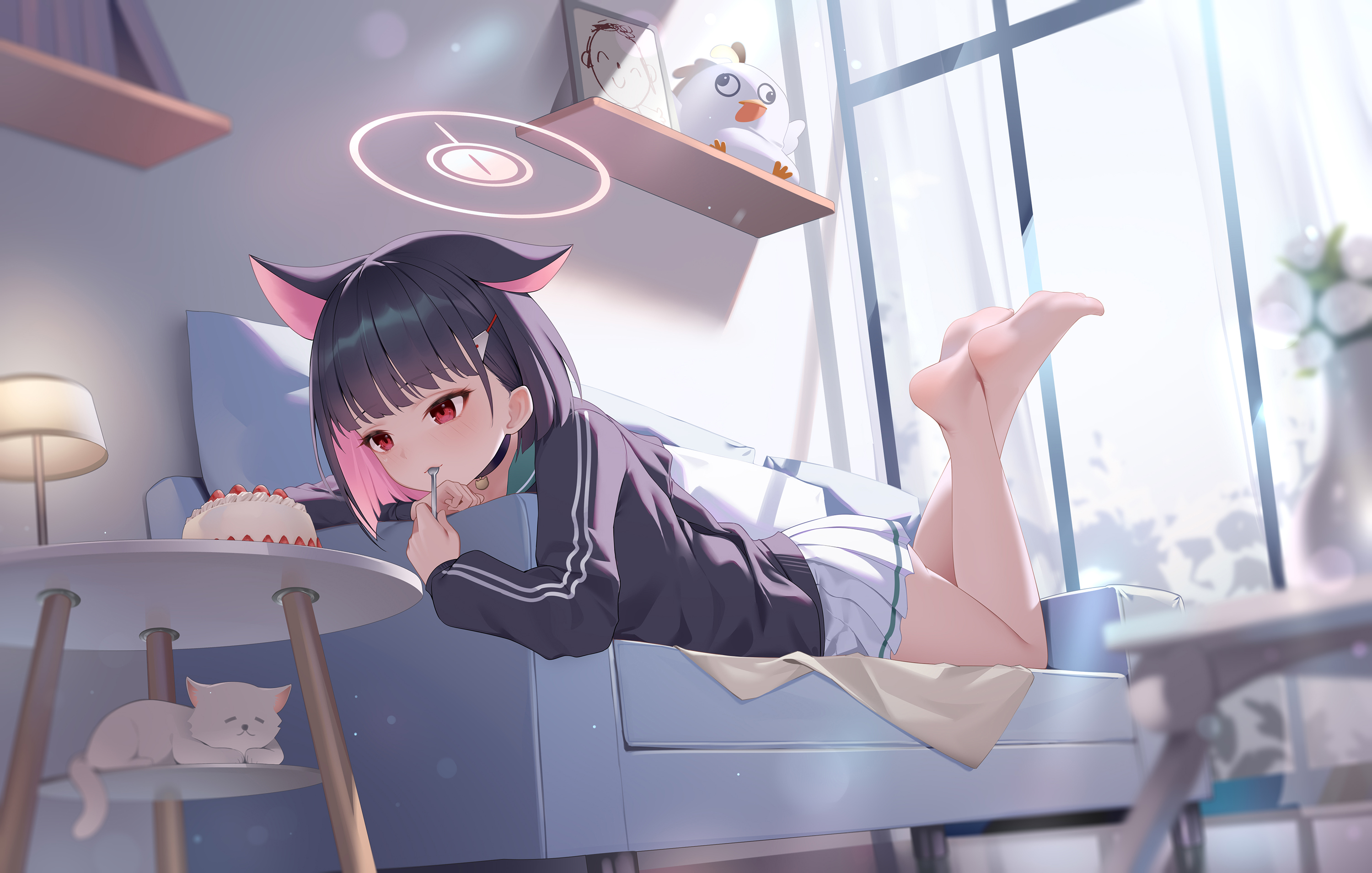 Anime Anime Girls Lying Down Lying On Front Feet Feet In The Air Foot Sole Two Tone Hair Collar Cake 3000x1909